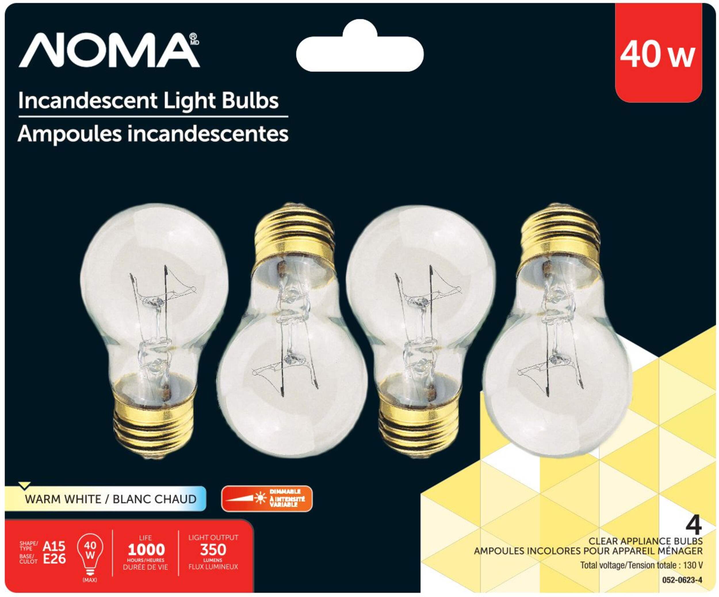 NOMA A15 E26, Dimmable Incandescent Light Bulbs, 350 Lumens, Warm White, 40W, 4-pk Front_Flat