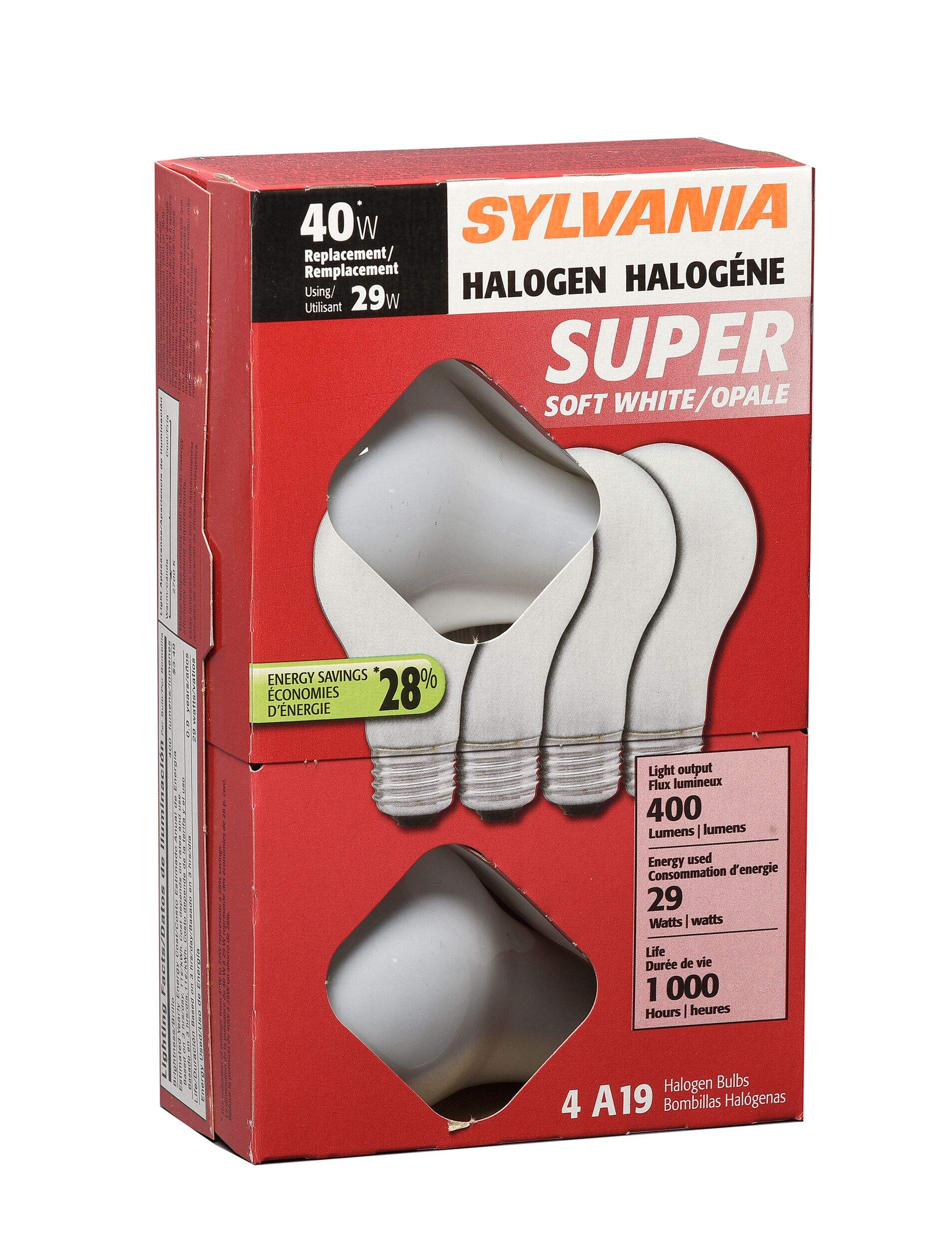 Sylvania A19 E26 Base Halogen Light Bulbs, 2750K, 400 Lumens, Soft White, 40W, 4-pk Front_Angled_Right