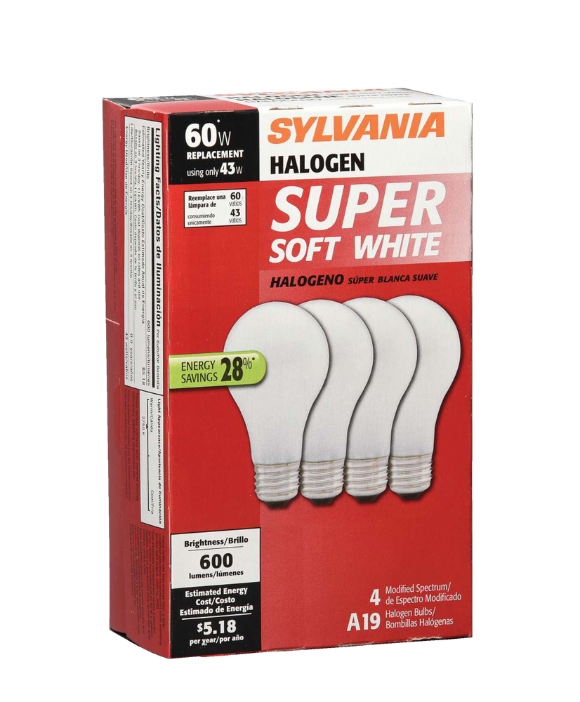 Sylvania A19 E26 Base Lamp Halogen Light Bulbs, 2750K, 600 Lumens, Soft