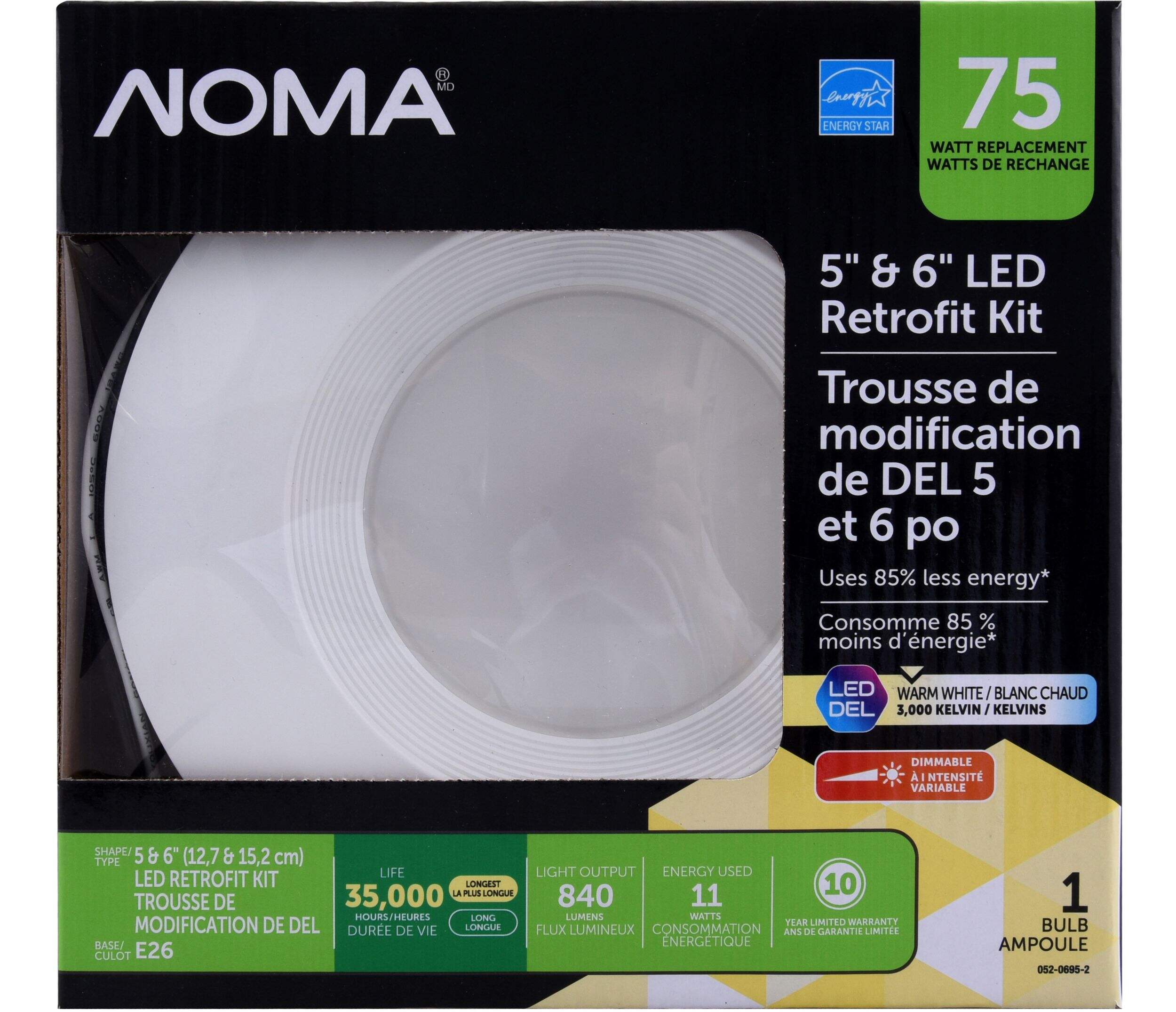 NOMA E26 Base Dimmable LED Bulb & Retrofit Kit, 3000K, 840 Lumens, Warm White, 75W, 5/6-in Front_Flat