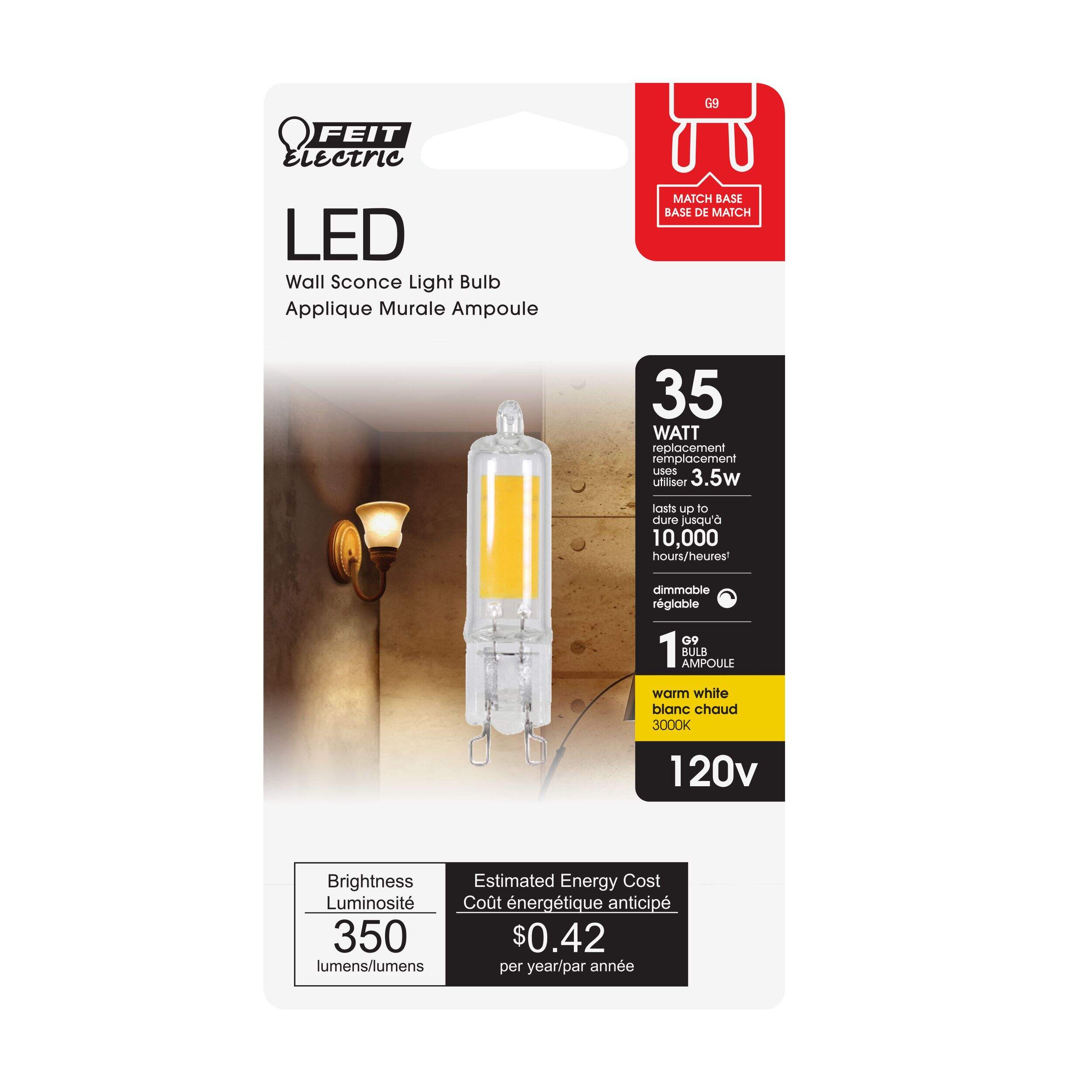 Ampoule à DEL non variable à culot G9 Feit Electric, 3000 K, 160 lumens, blanc chaud, 35 W Front_Flat