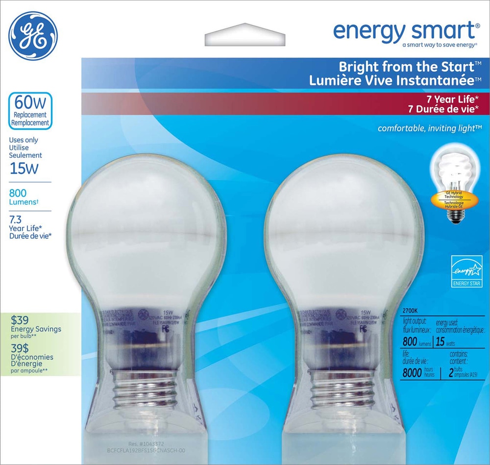 GE CFL 15W Bright From The Start CFL Bulbs, 2pk Canadian Tire