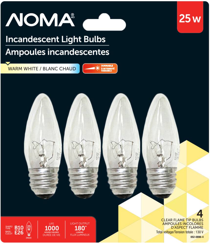 NOMA B10 E26 Base Dimmable Incandescent Light Bulbs, 180 Lumens, Warm White, 25W, 4pk