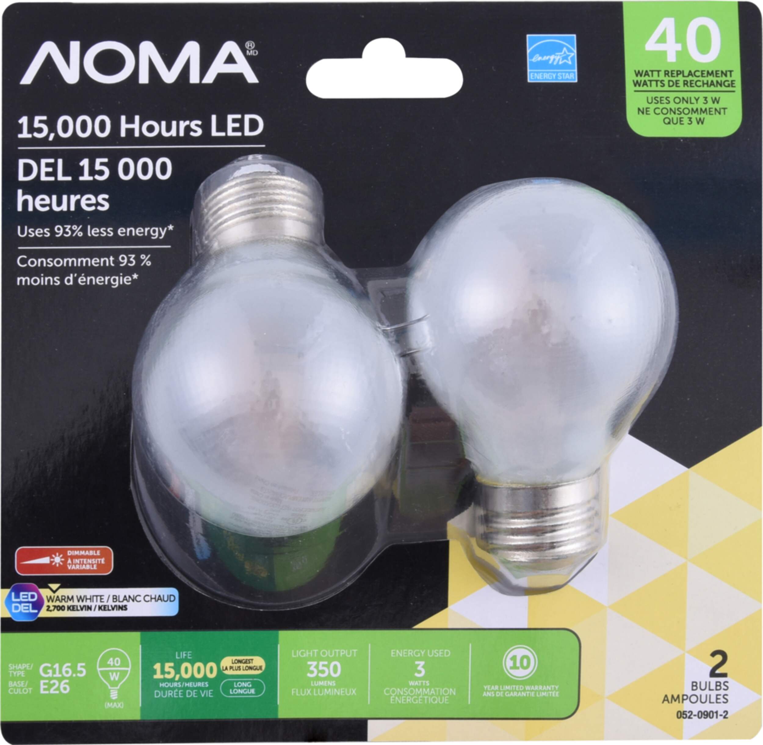 NOMA G16.5 E26 Base Dimmable LED Filament Light Bulbs, 350 Lumens, Warm White, 40W, 2-pk Front_Flat