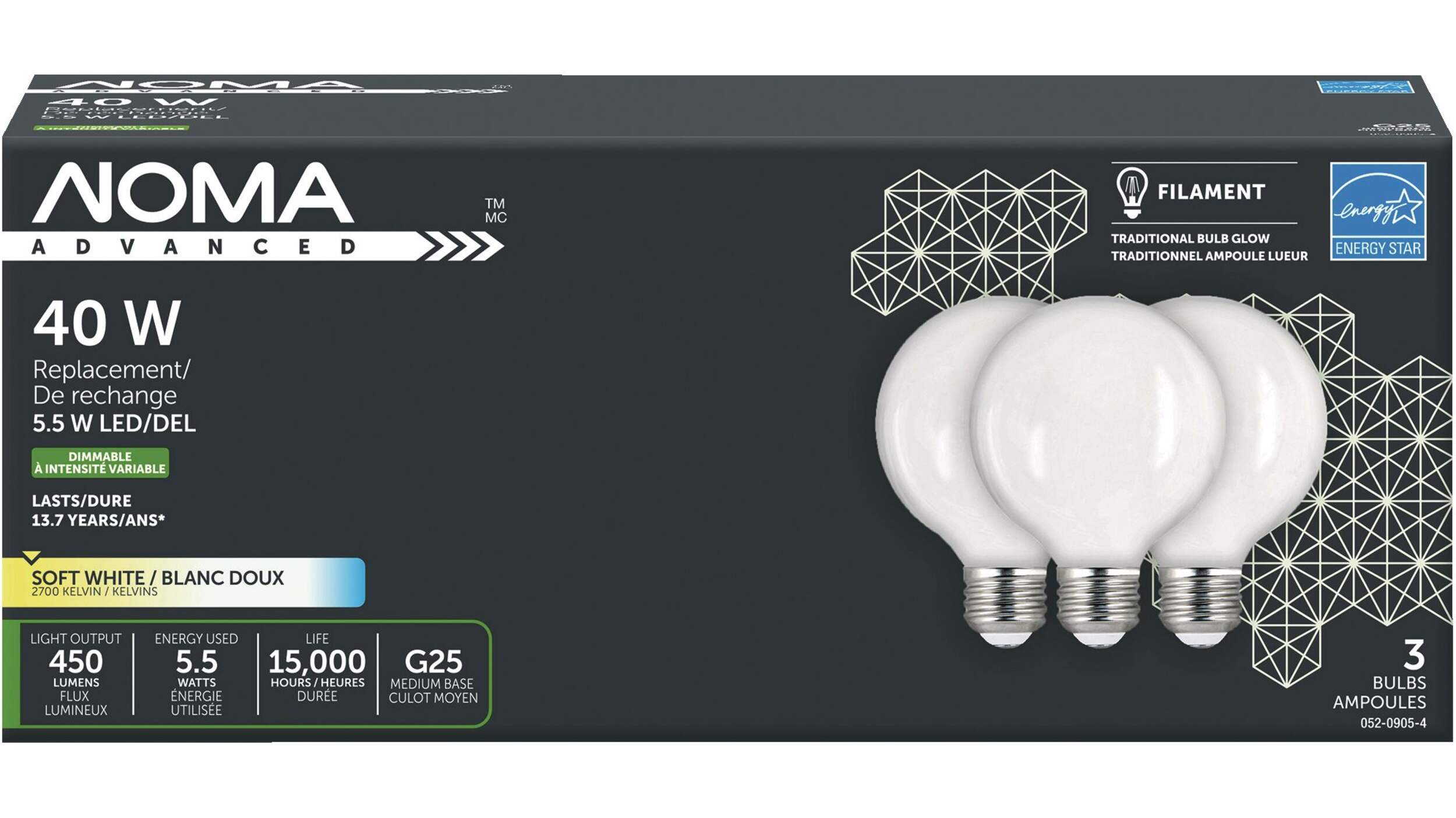 NOMA G25 E26 Base Dimmable LED Filament Light Bulbs, 450 Lumens, Soft White, 40W, 3-pk Front_Elevated