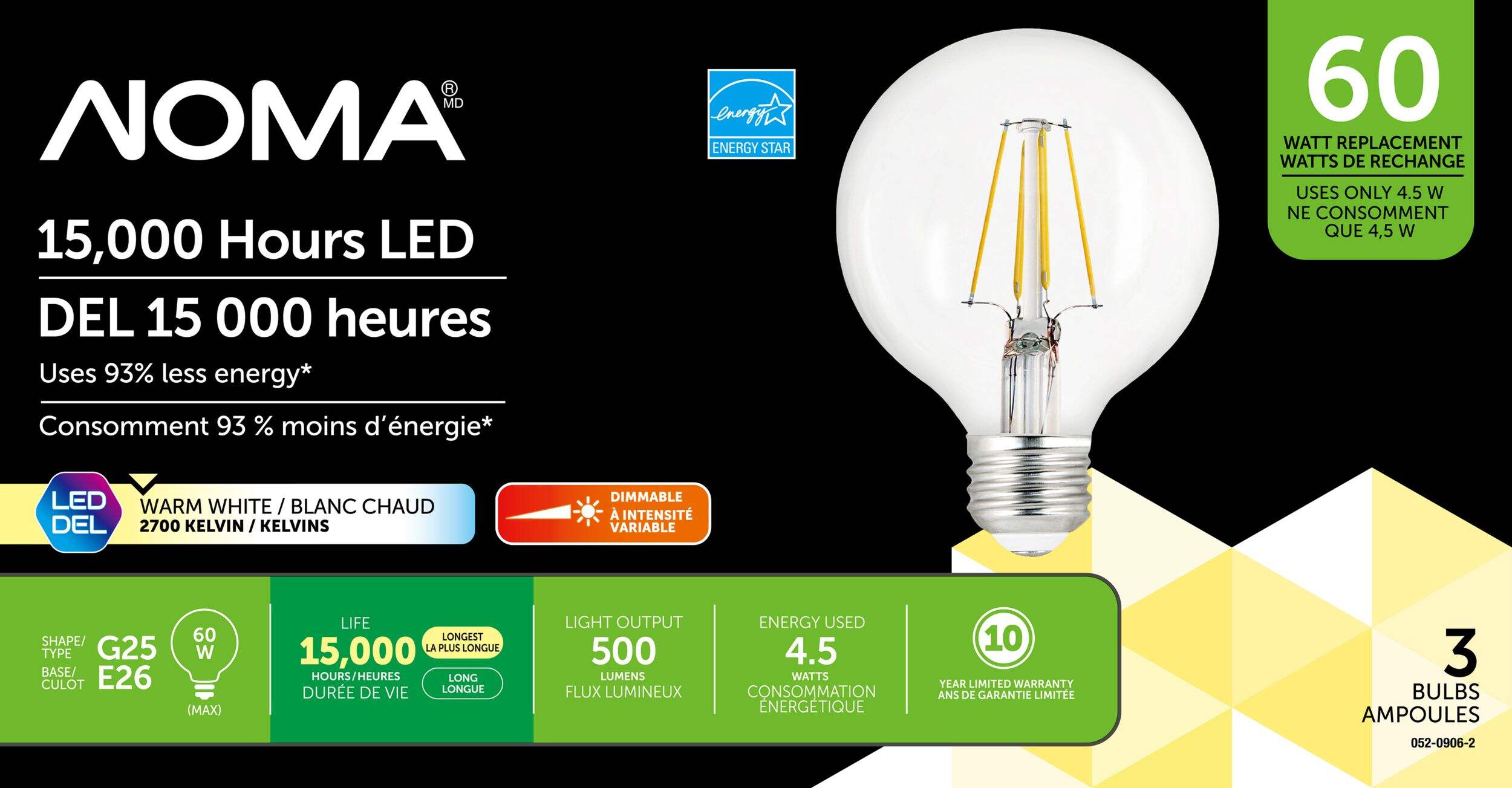 Ampoules à filament à DEL à intensité variable transparentes à culot E26 NOMA G25, 500 lumens, blanc chaud, 60 W, paq. 3 Front_Flat