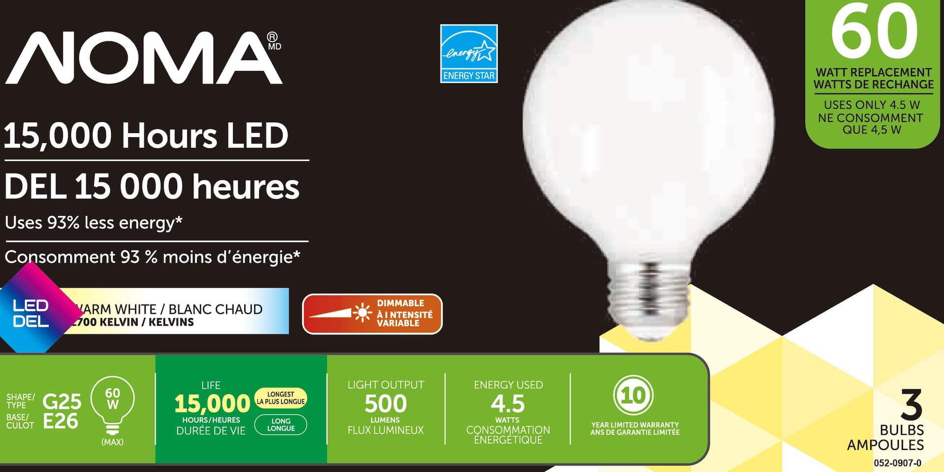 NOMA G25 E26 Base Bath/Vanity Dimmable LED Light Bulbs, 500 Lumens, Soft  White, 60W, 3-pk