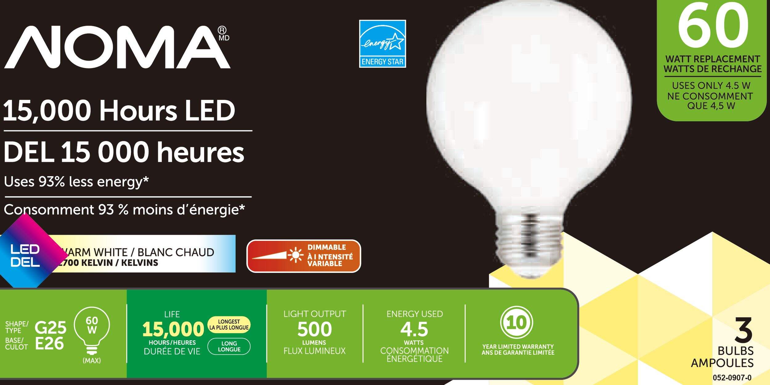 NOMA G25 E26 Base Bath/Vanity Dimmable LED Light Bulbs, 500 Lumens, Soft White, 60W, 3-pk Front_Flat