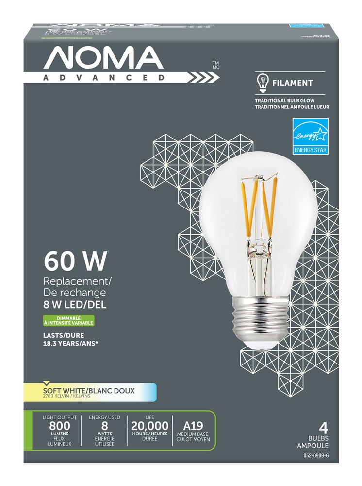Ampoule à DEL NOMA A19, 60 W, culot E26, filament, transparent