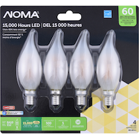 NOMA BA10 E12 Base Dimmable LED Light Bulbs, 2700K, 500 Lumens, Warm White, 60W, 4-pk