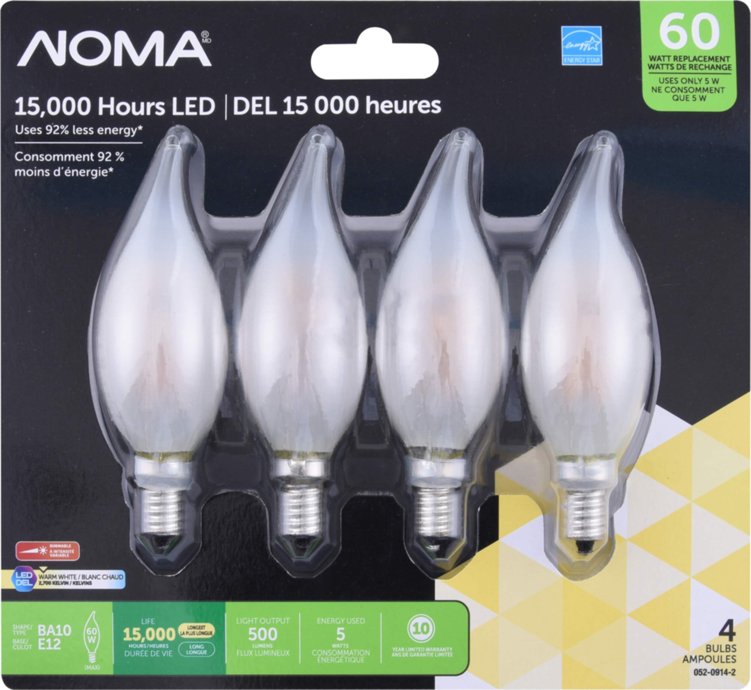 NOMA BA10 E12 Base Dimmable LED Light Bulbs, 2700K, 500 Lumens, Warm White, 60W, 4-pk Front_Flat