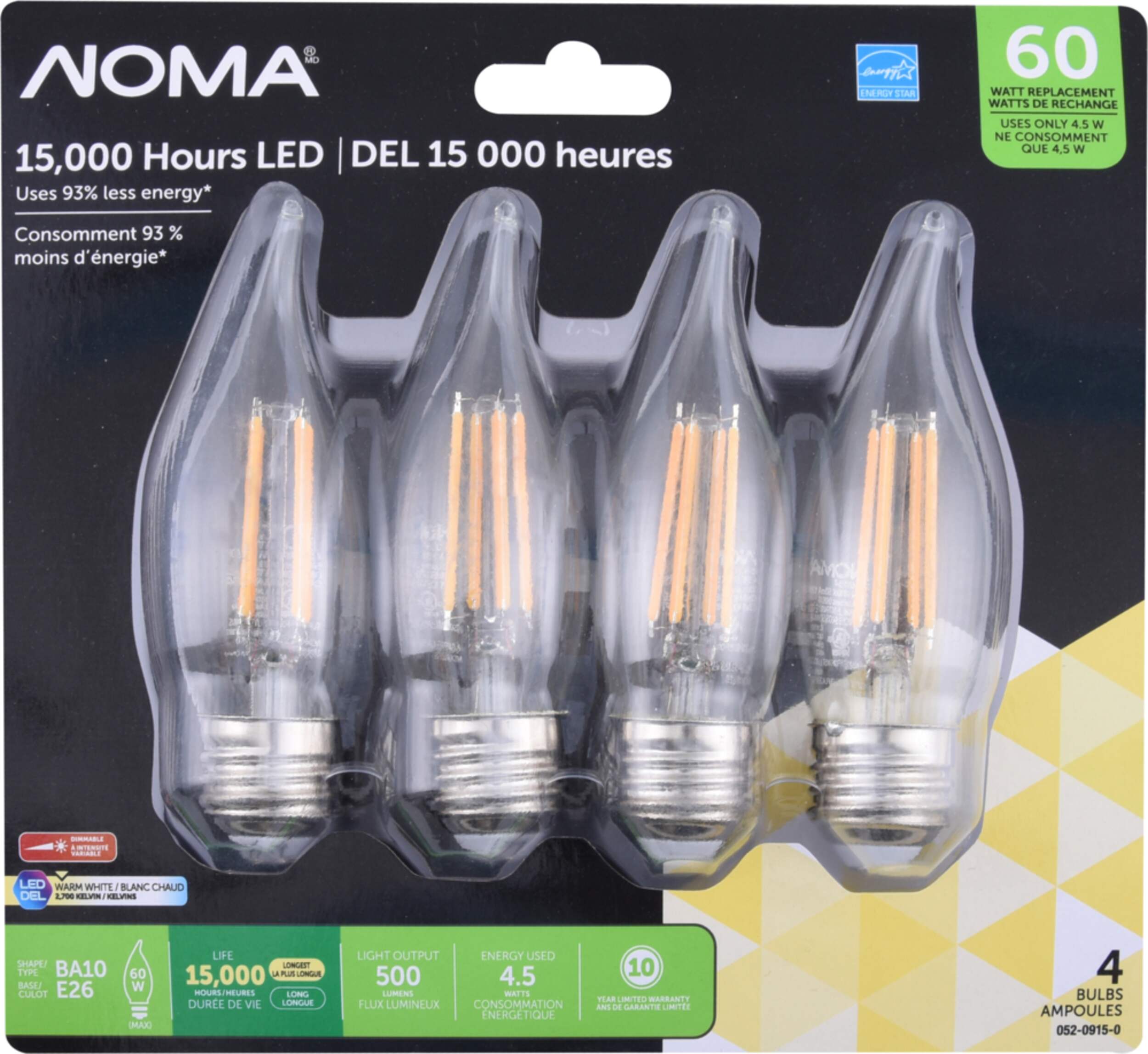NOMA BA10 E26 Base Flame Tip Dimmable LED Light Bulbs, 500 Lumens, Warm White, 60W, 4-pk Front_Flat