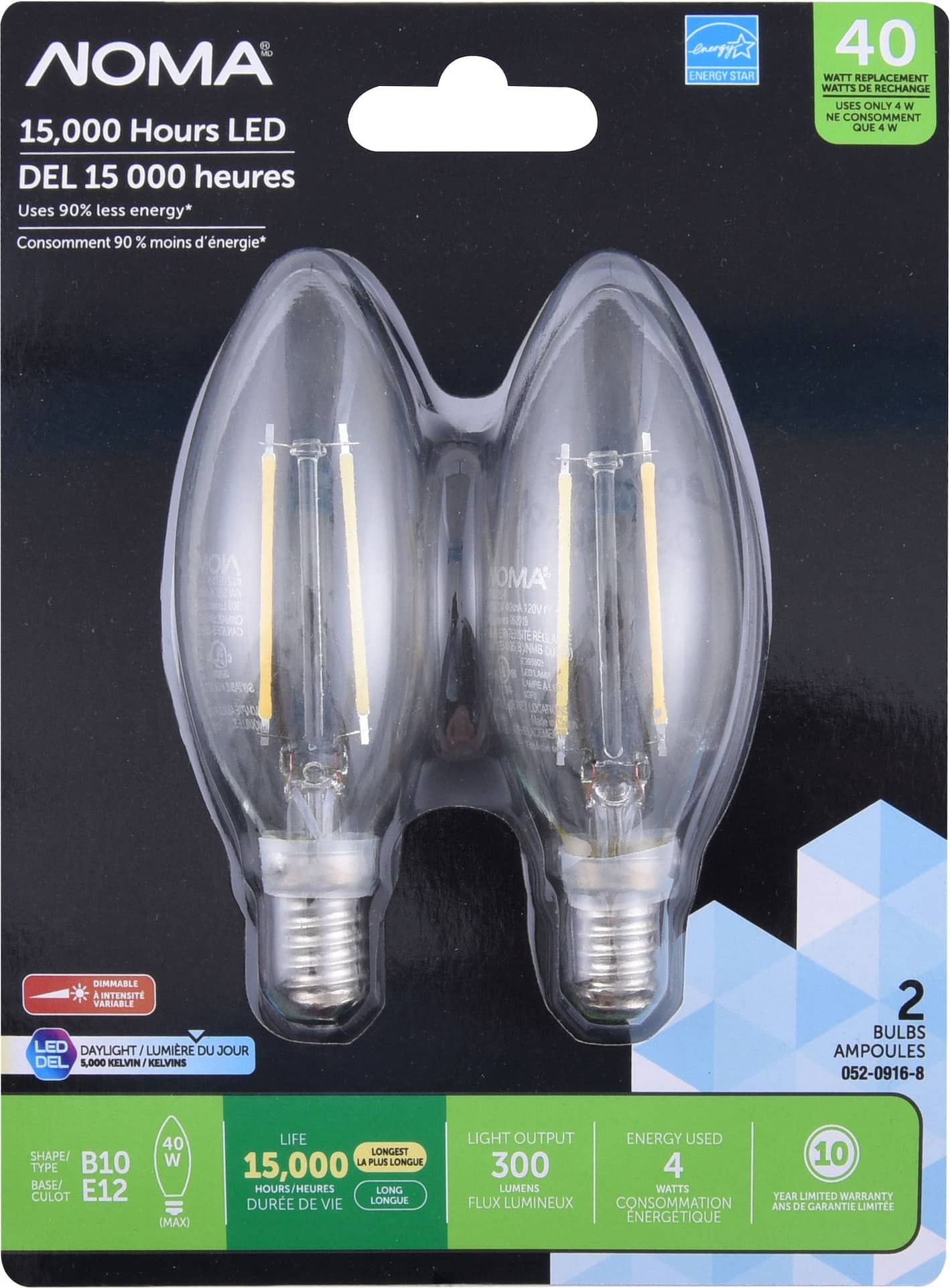 NOMA B10 E12 Base Dimmable LED Light Bulbs, 5000K, 300 Lumens