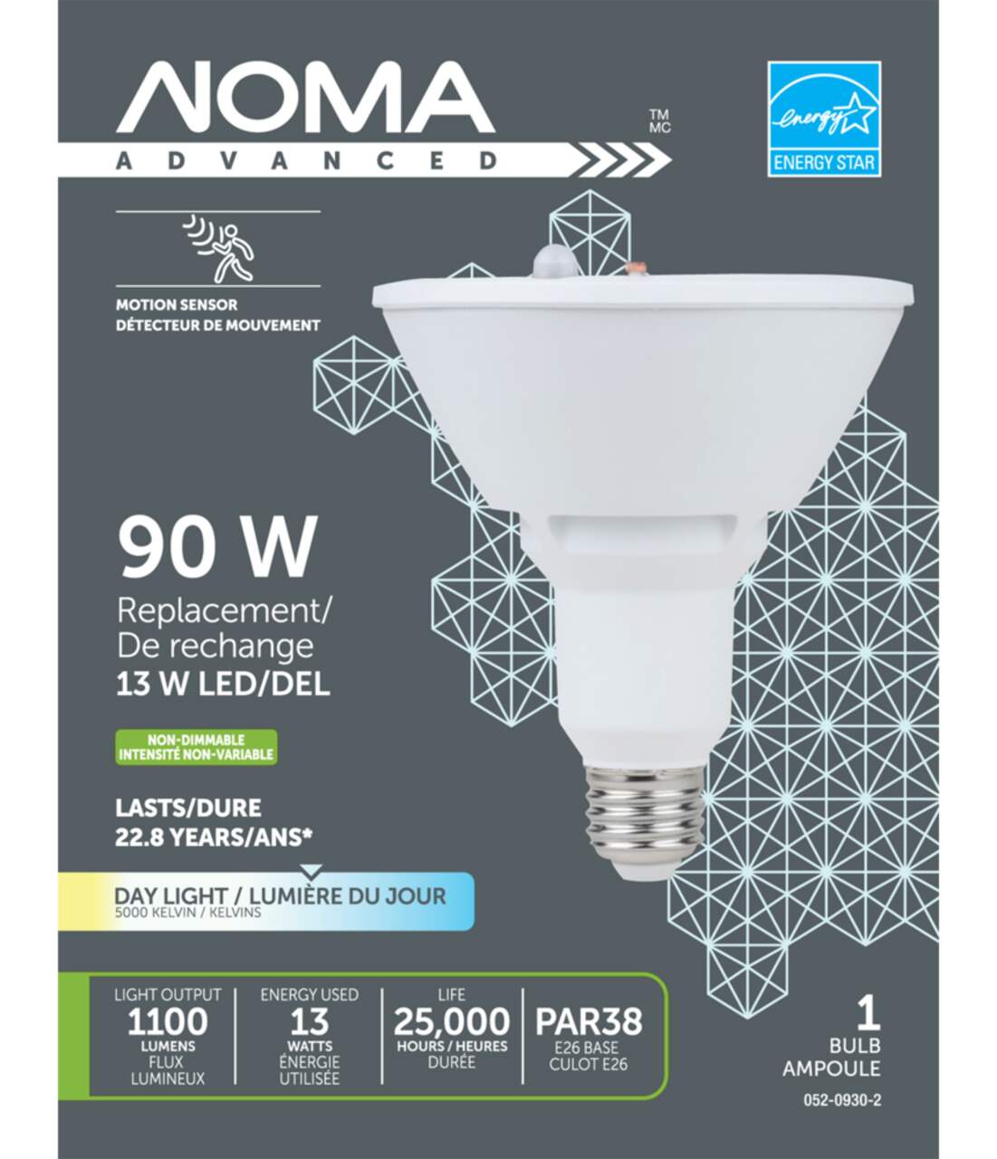 Ampoule pour projecteur à DEL à culot E26 non variable capteur de mouvement  NOMA Advanced PAR38, 5000K, lumière du jour, 90 W