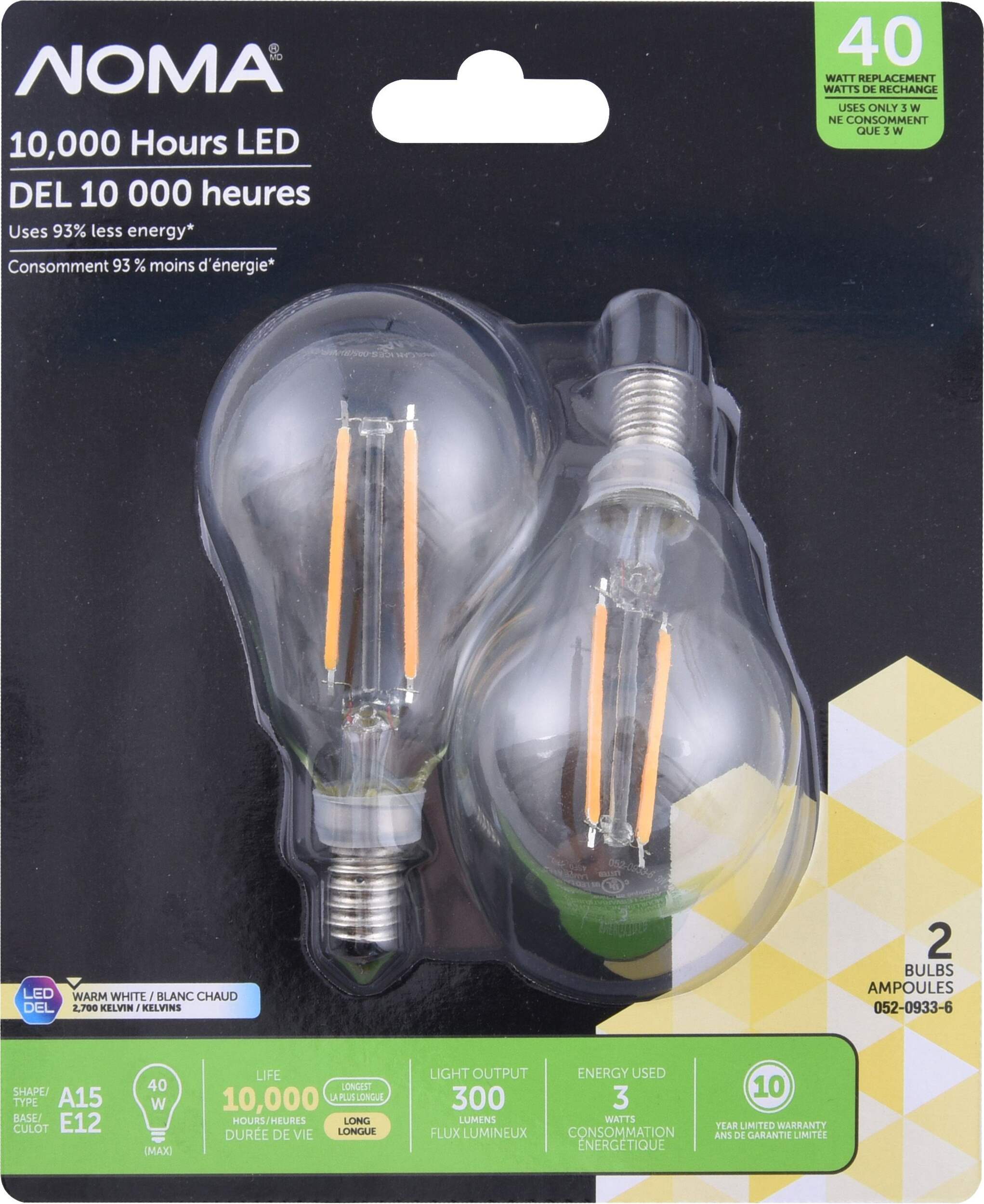 NOMA A15 E12 Base Non-Dimmable LED Filament Light Bulbs, 2700K, Warm White, 40W, 2-pk Front_Flat