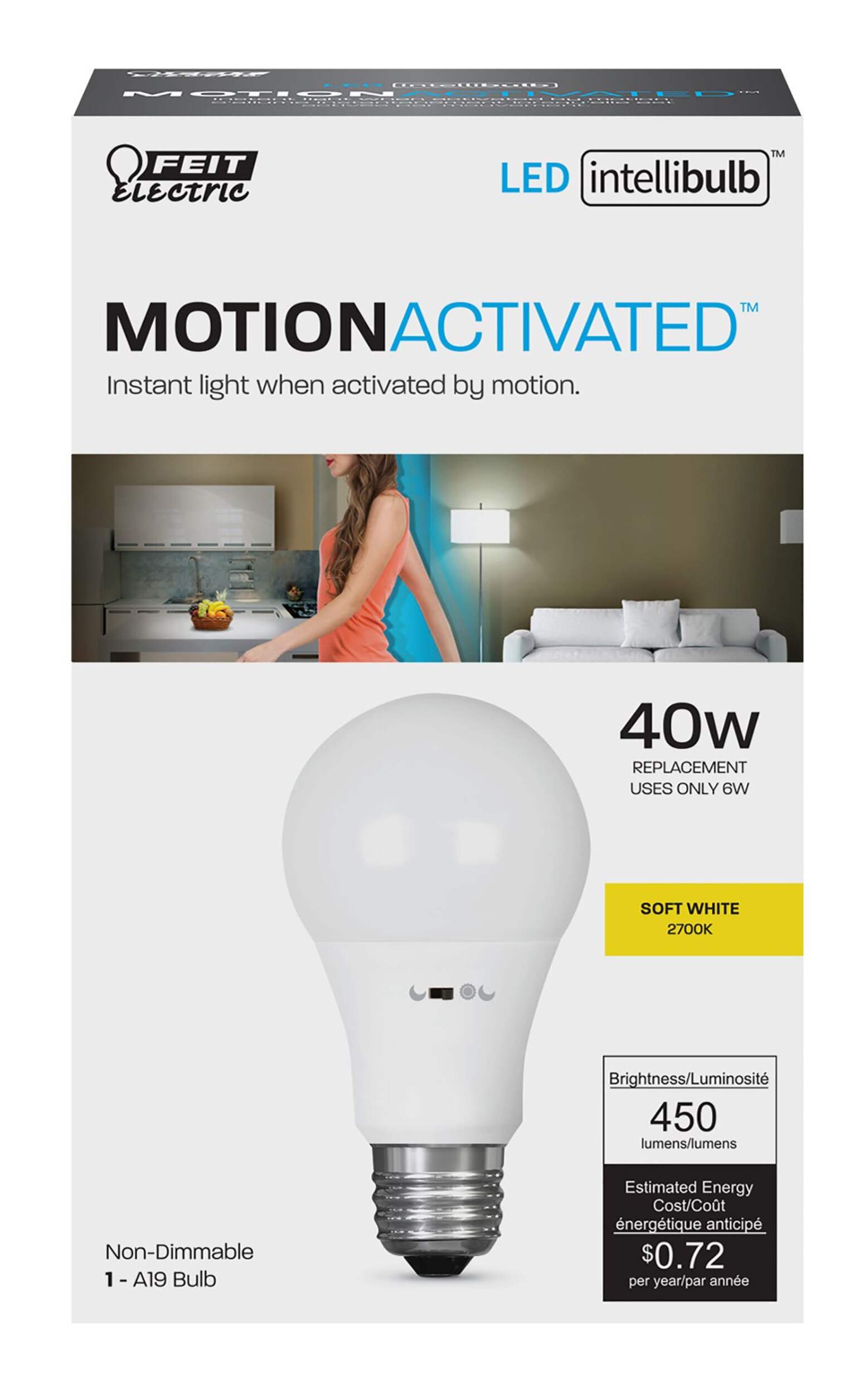 Feit A19 LED Non-Dimmable Motion Activated Light Bulb Front_Elevated