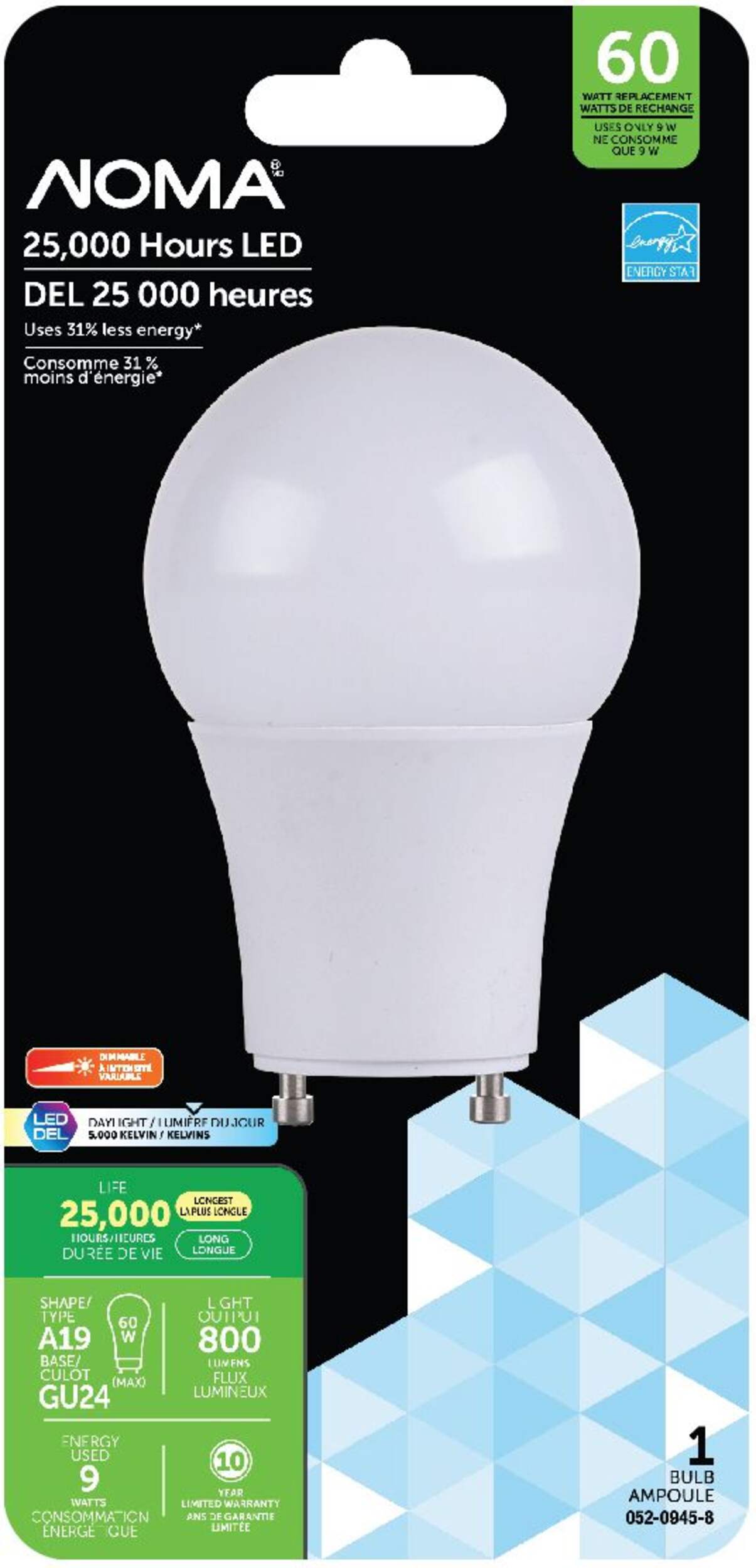 NOMA A19 GU24 Base Dimmable LED Light Bulb, 5000K, 800 Lumens, Daylight, 60W Front_Flat