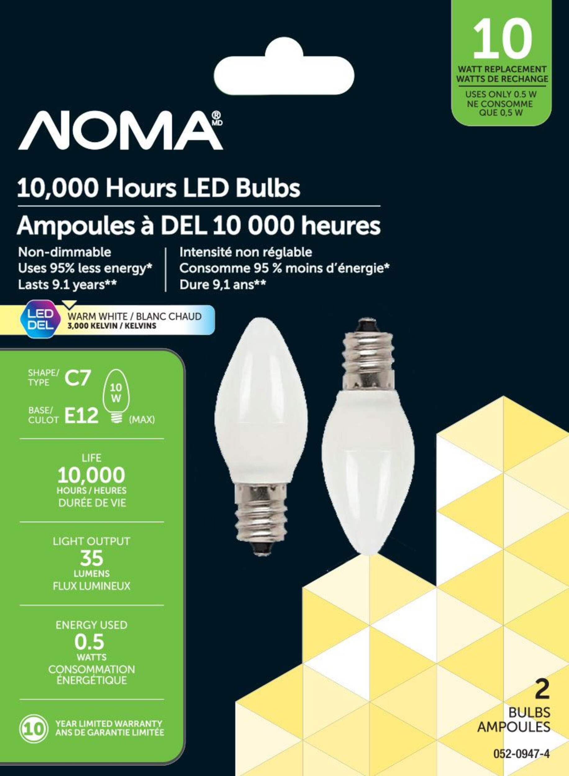 NOMA C7 E12 Base Night Non-Dimmable LED Light Bulb, 3000K, 5 Lumens, Warm White, 0.5W, 2-pk Front_Flat