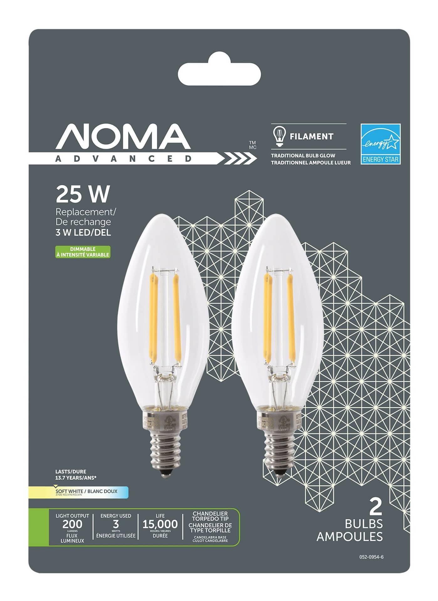 Noma LED Chandelier 25W E12 Base Torpedo Clear Dimmable Soft White, 2-pk  Canadian Tire