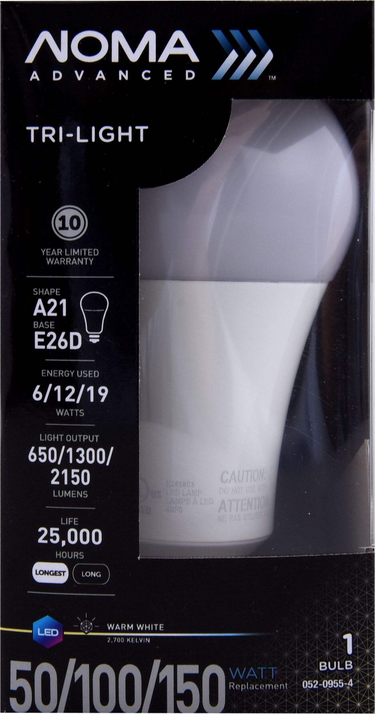 NOMA Advanced A21 E26 Base 3-Way, Non-Dimmable LED Trilight Bulb, Warm White, 50/100/150W Front_Flat