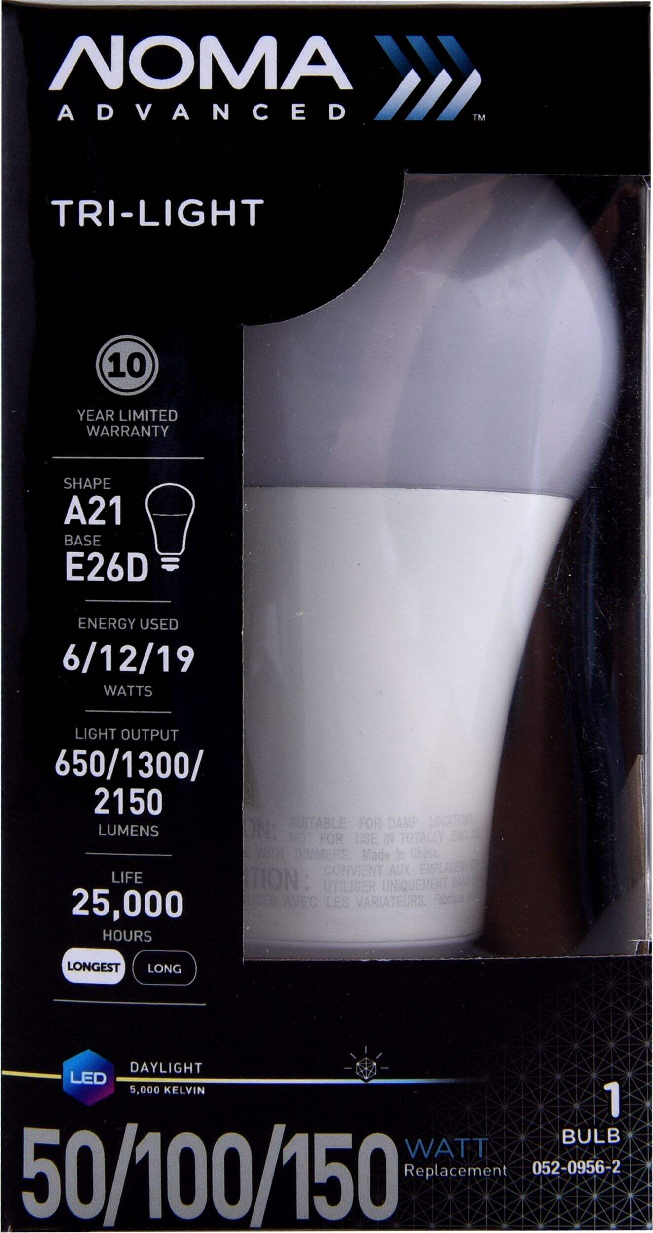 NOMA Advanced A21 E26 Base 3-Way Lamp Non-Dimmable LED Trilight Bulb, Daylight, 50/100/150W Front_Flat