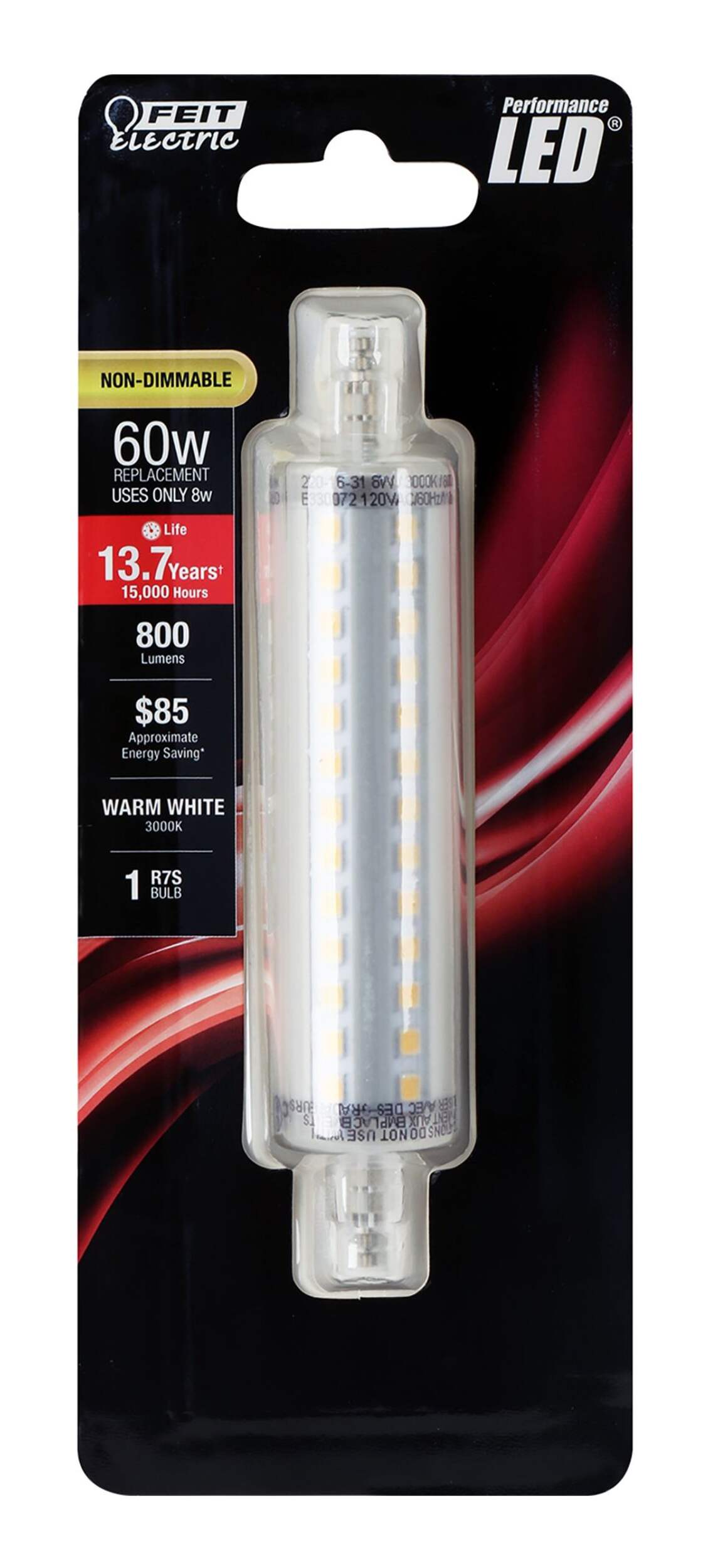 Feit Electric R7S Base Non-Dimmable LED Light Bulb, 3000K, 800 Lumens, Warm White, 60W Front_Flat