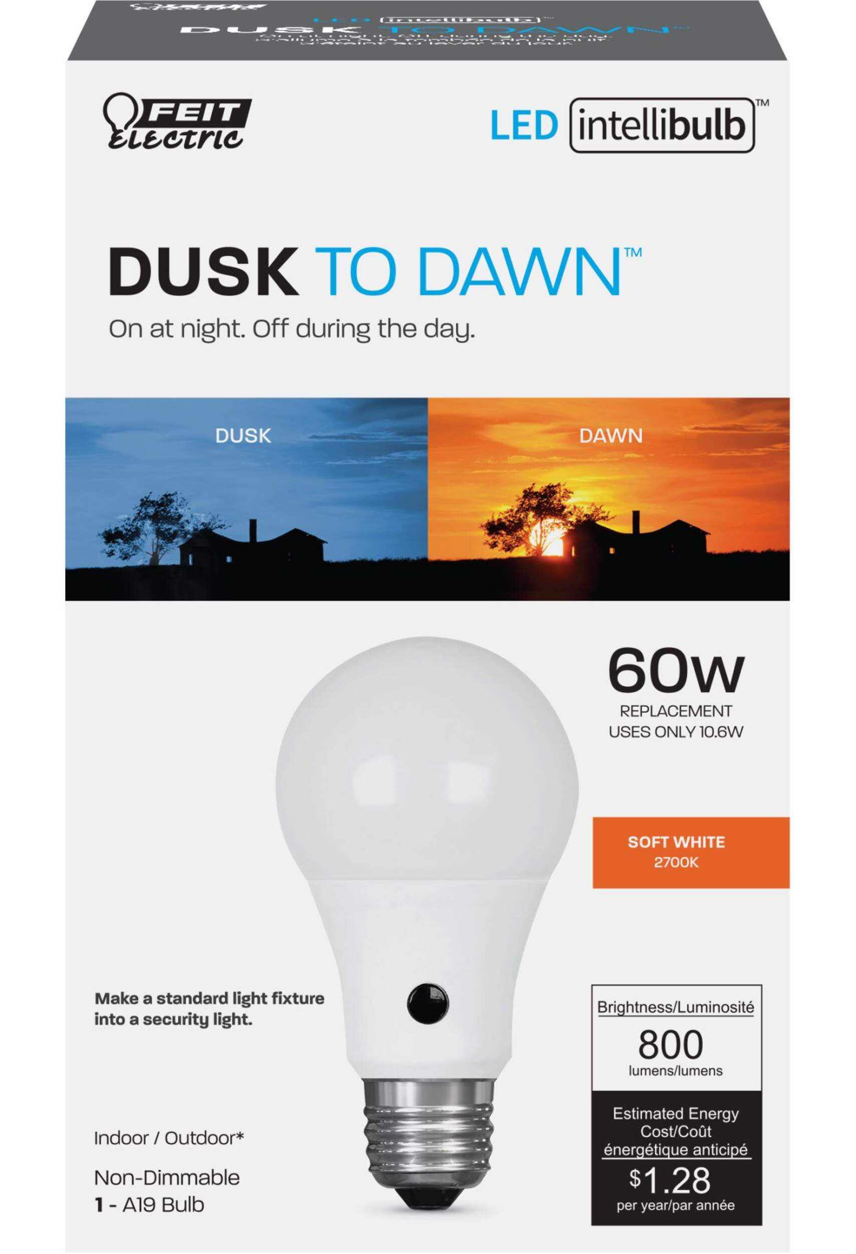 Ampoule à DEL non variable à culot E26 Feit Electric A19, 800 lumens, blanc doux, 60 W Front_Elevated