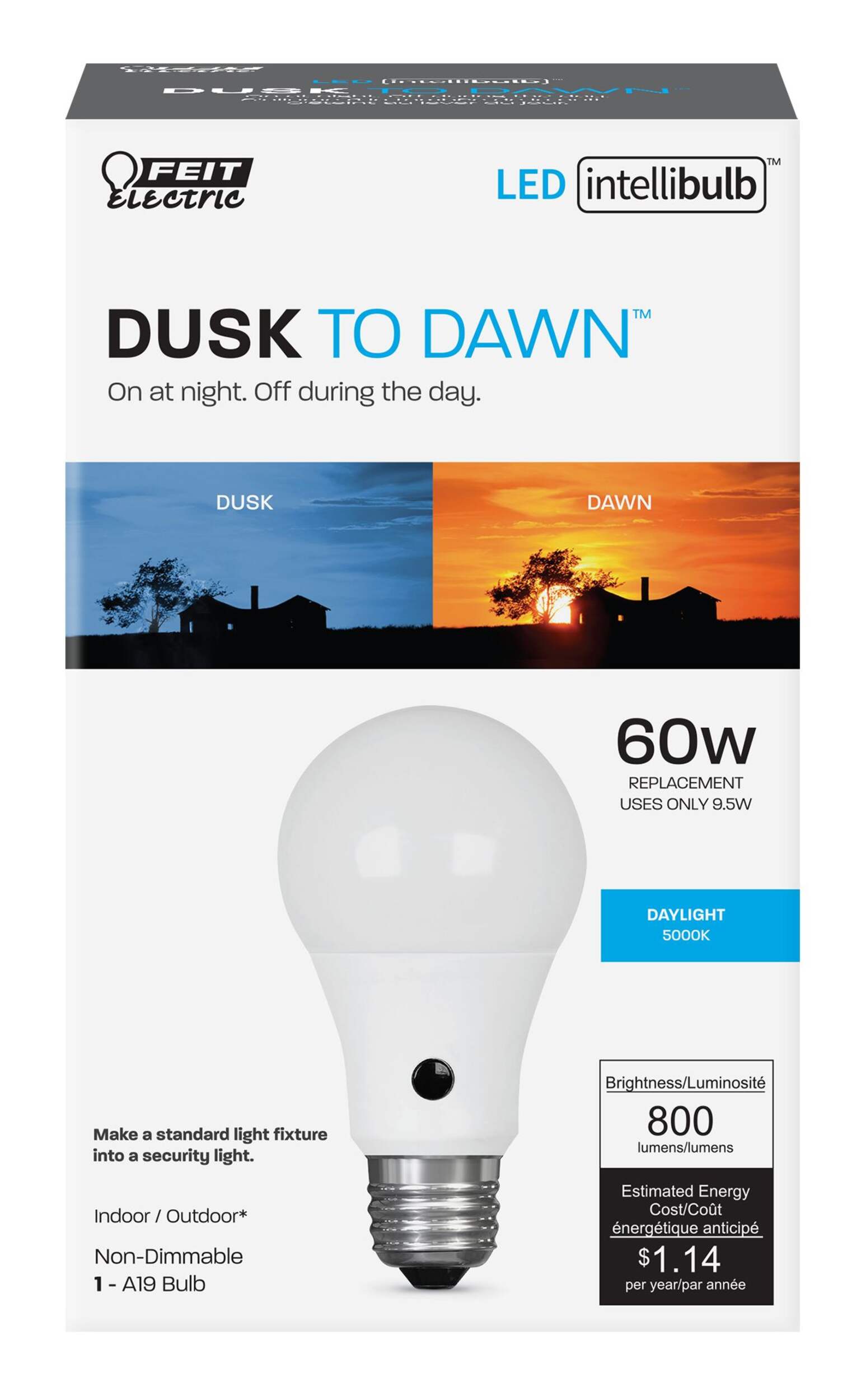 Feit Electric A19 E26 Base Non-Dimmable LED Light Bulb, 800 Lumens, Daylight, 60W Front_Elevated