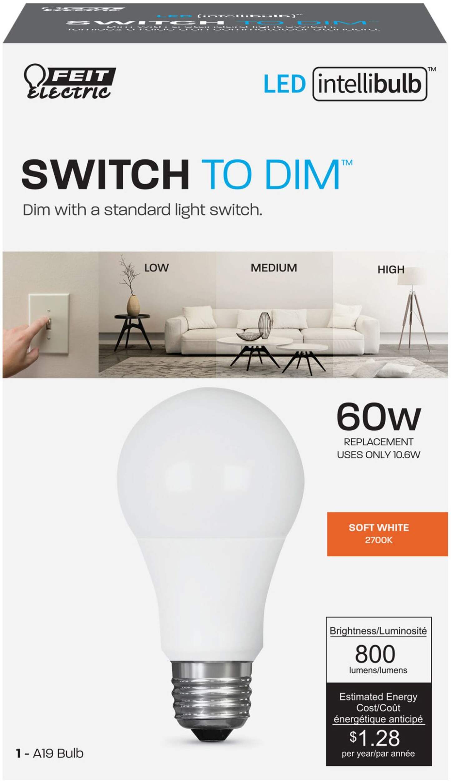 Feit Electric A19 E26 3-Settings Dimmable LED Light Bulb, 2700K, 800 Lumens, Soft White, 60W Front_Elevated