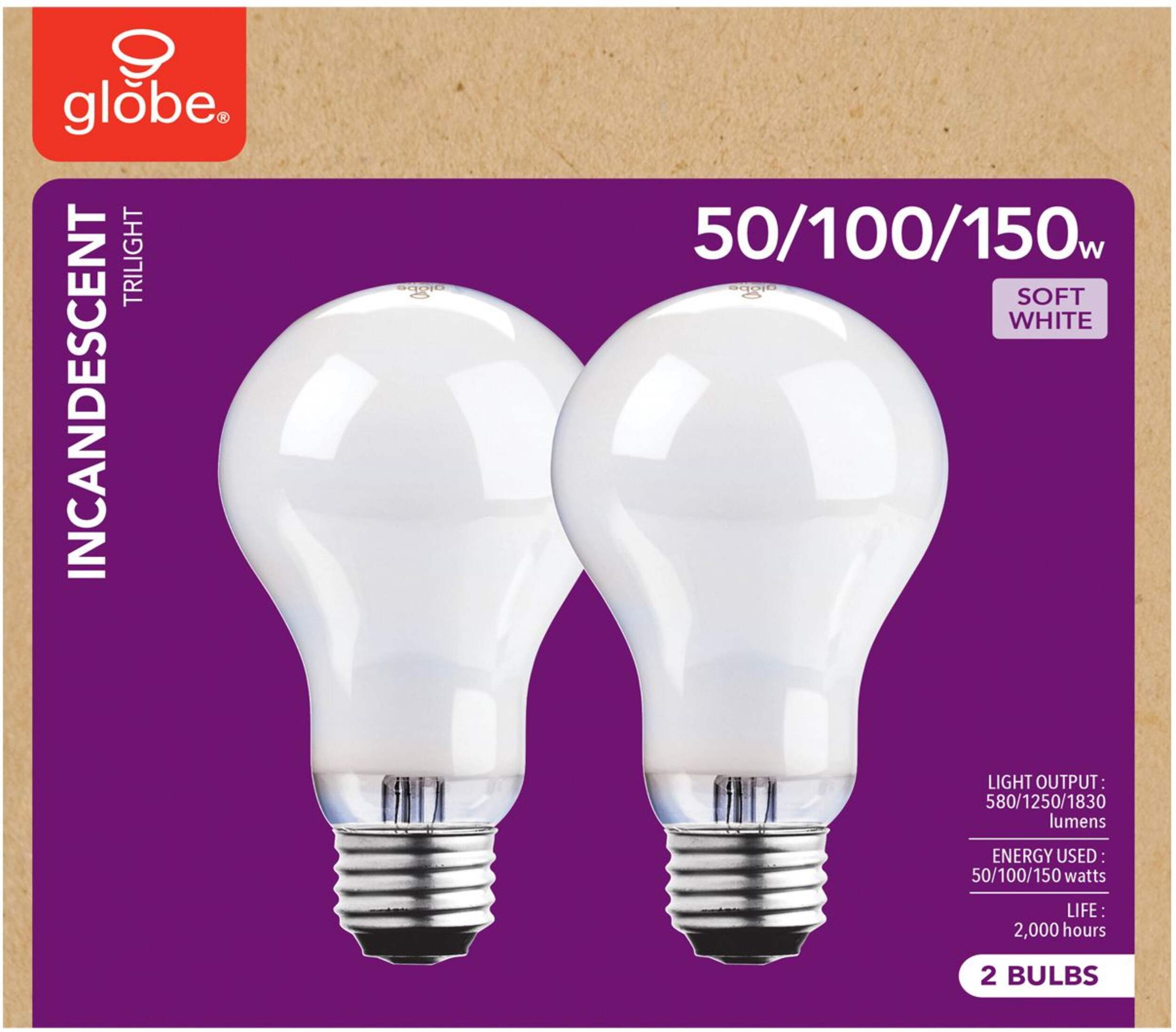 Ampoules incandescentes à intensité variable à 3 intensités NOMA A21, longue durée, blanc doux, 50/100/150W, paq. 2 Front_Flat