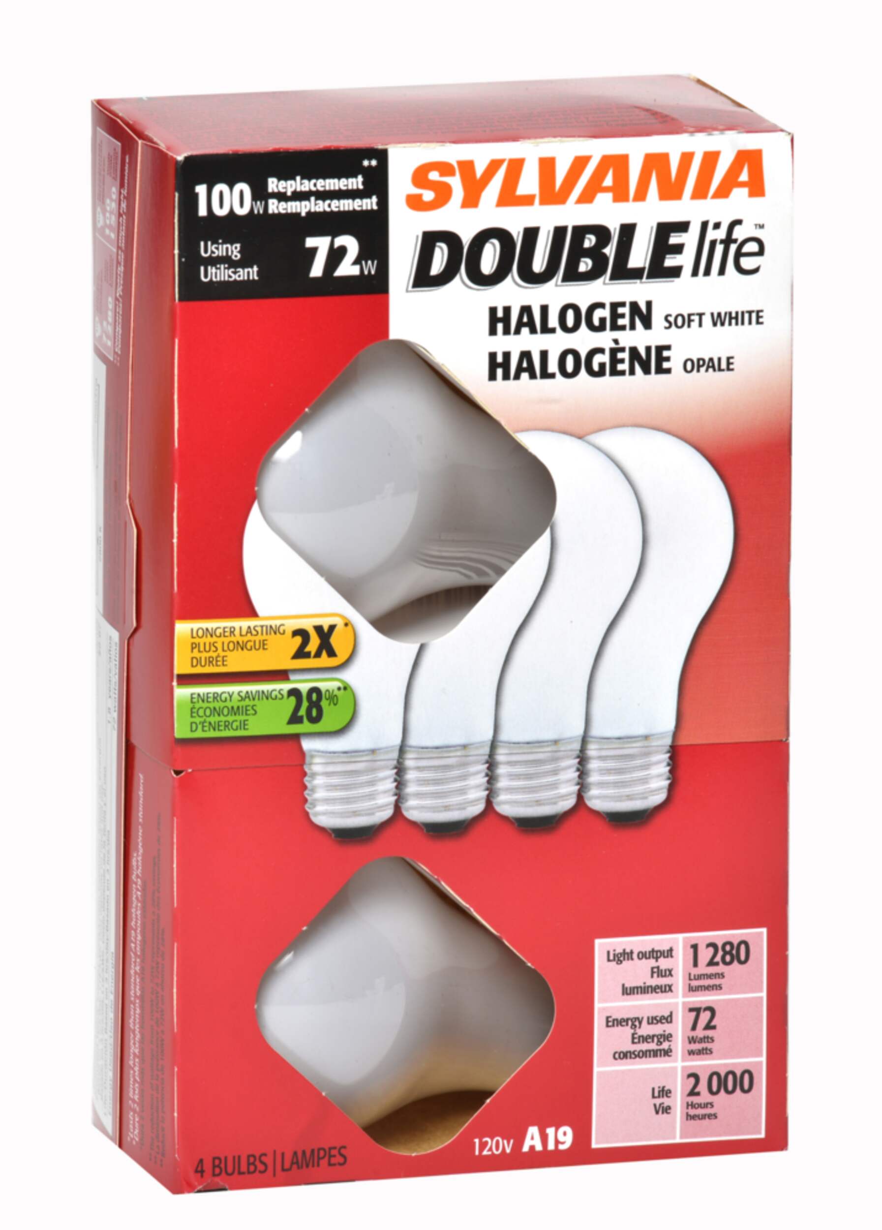 Sylvania A19 E26 Base Lamp Dimmable Halogen Light Bulbs 1280 Lumens, Soft White, 100W, 4-pk Front_Angled_Right
