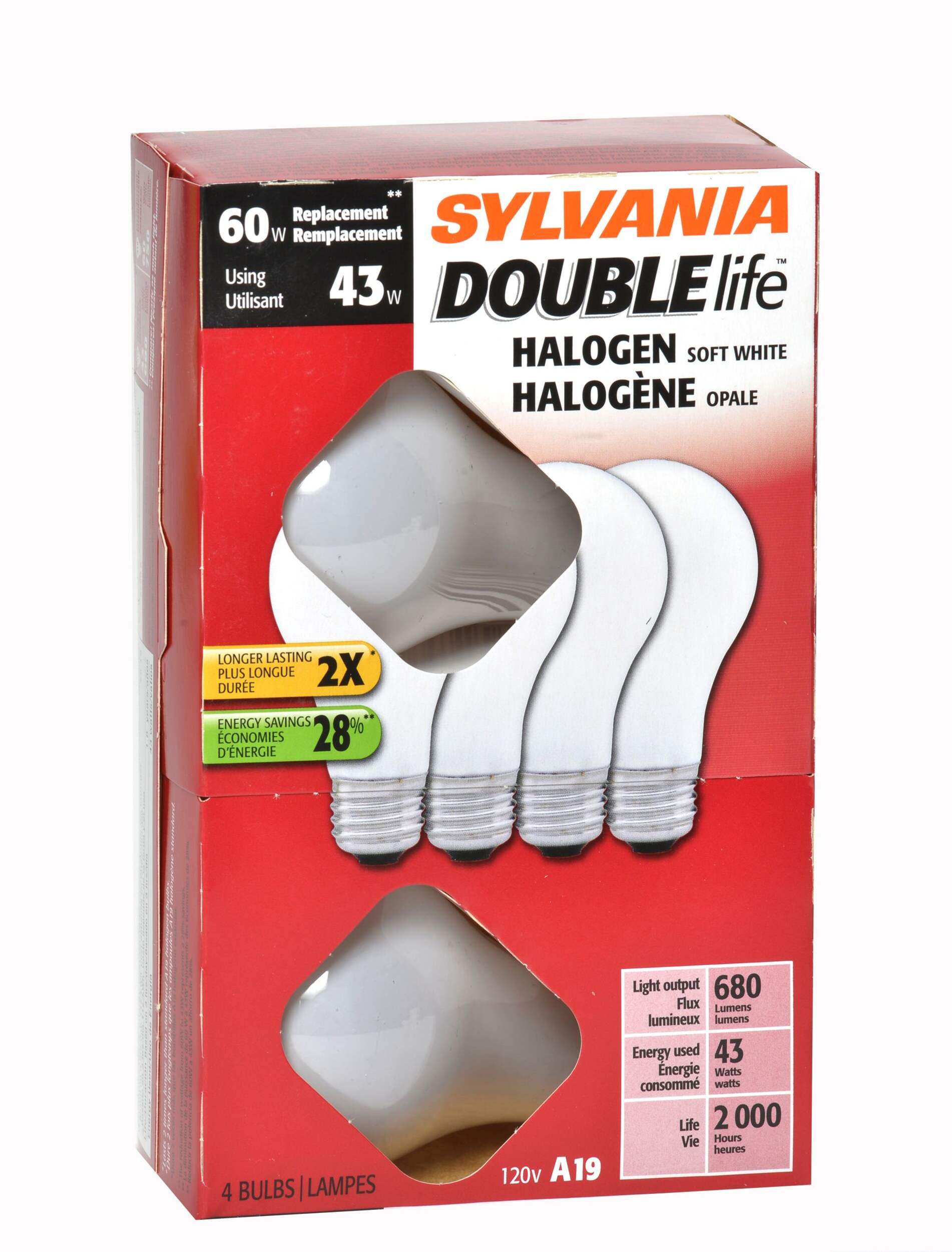 Ampoules halogènes à culot E26 à intensité variable Sylvania A19, 680 lumens, blanc doux, 60 W, paq. 4 Front_Angled_Right