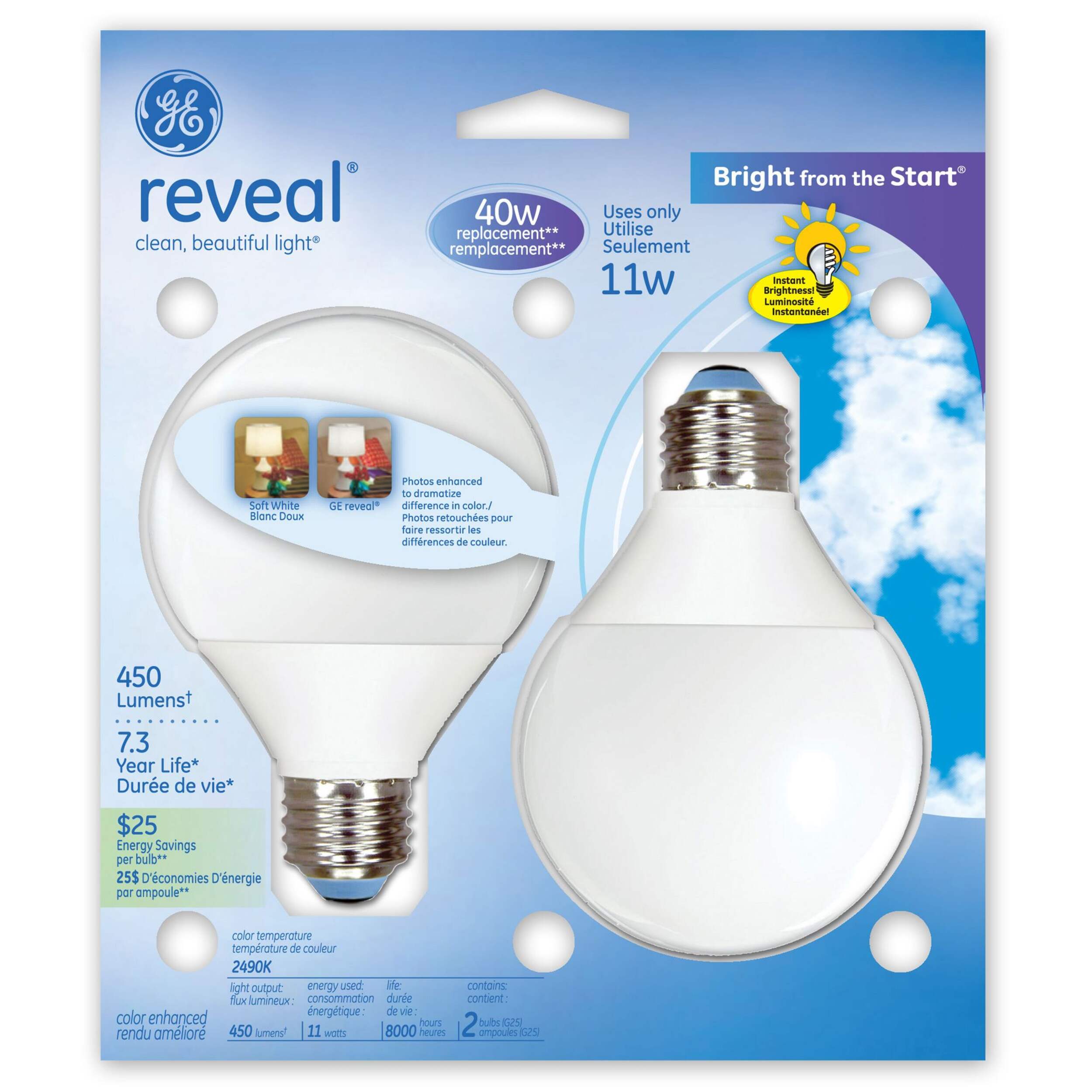 GE Reveal CFL 11W G25 Bulbs, 2pk Canadian Tire