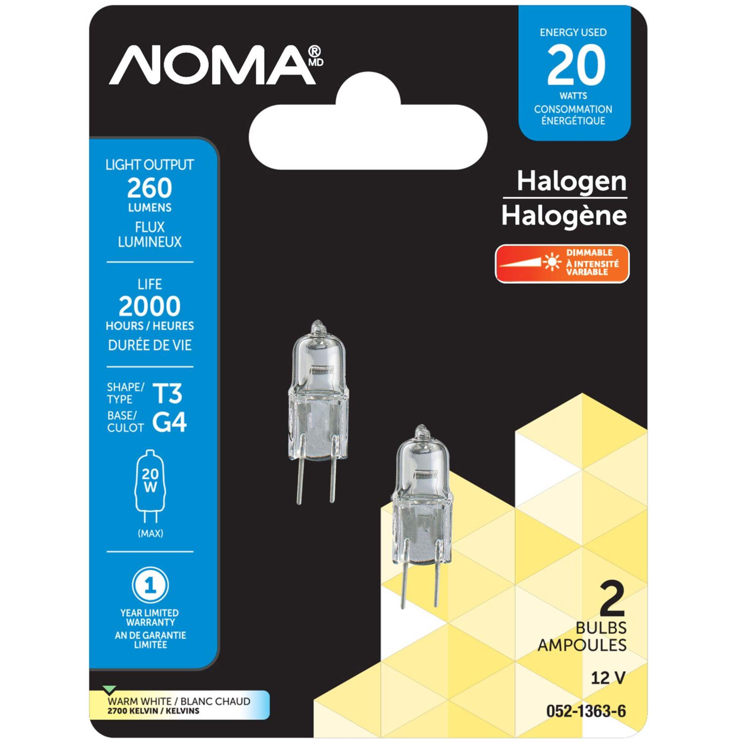 NOMA G4 Bi-Pin Base Indoor Clear Dimmable Halogen Light Bulb Lamps, 300 Lumens, 20W, 2-pk Front_Flat