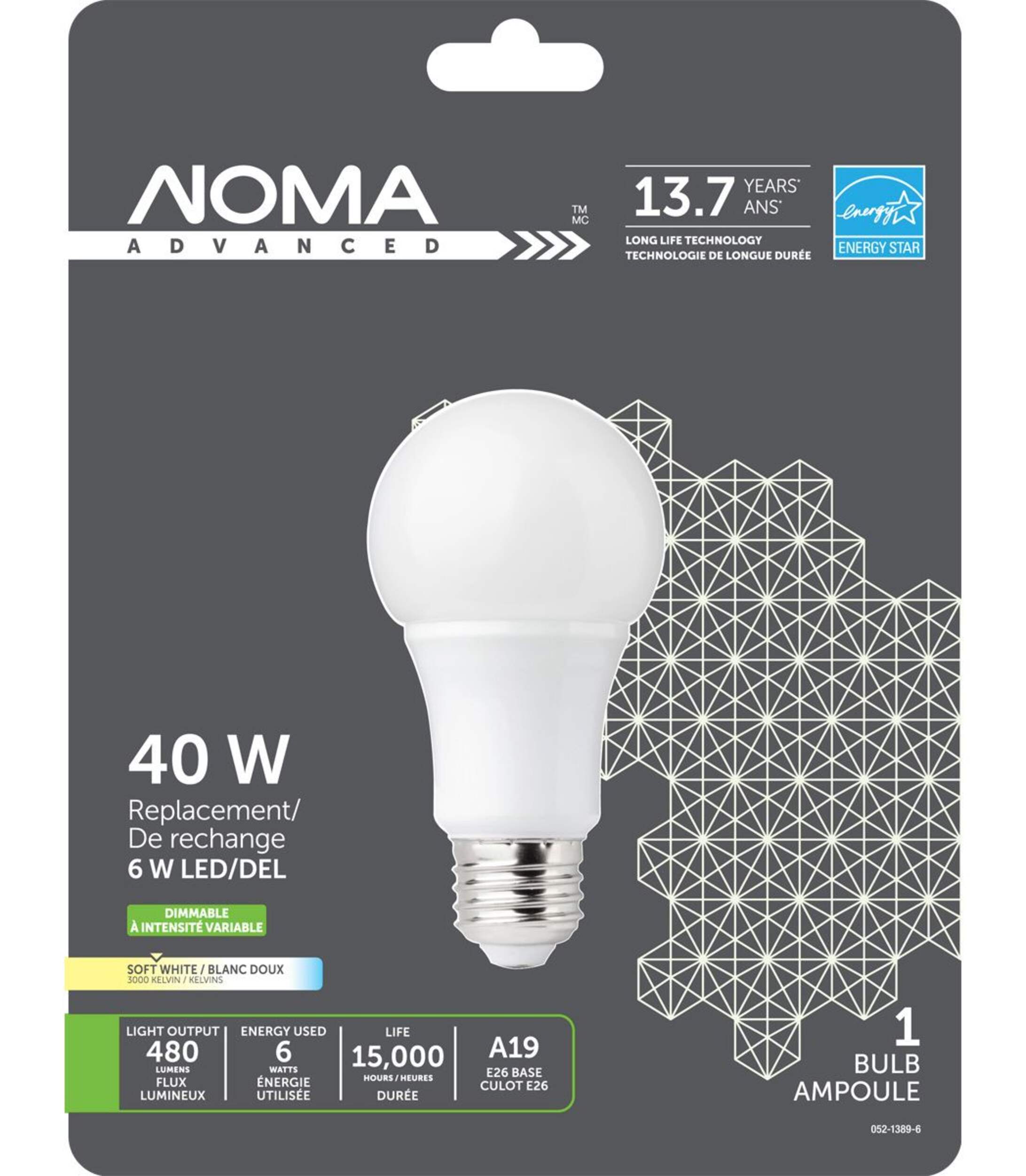 NOMA LED A19 40W Dimmable Soft White Bulb Front_Flat