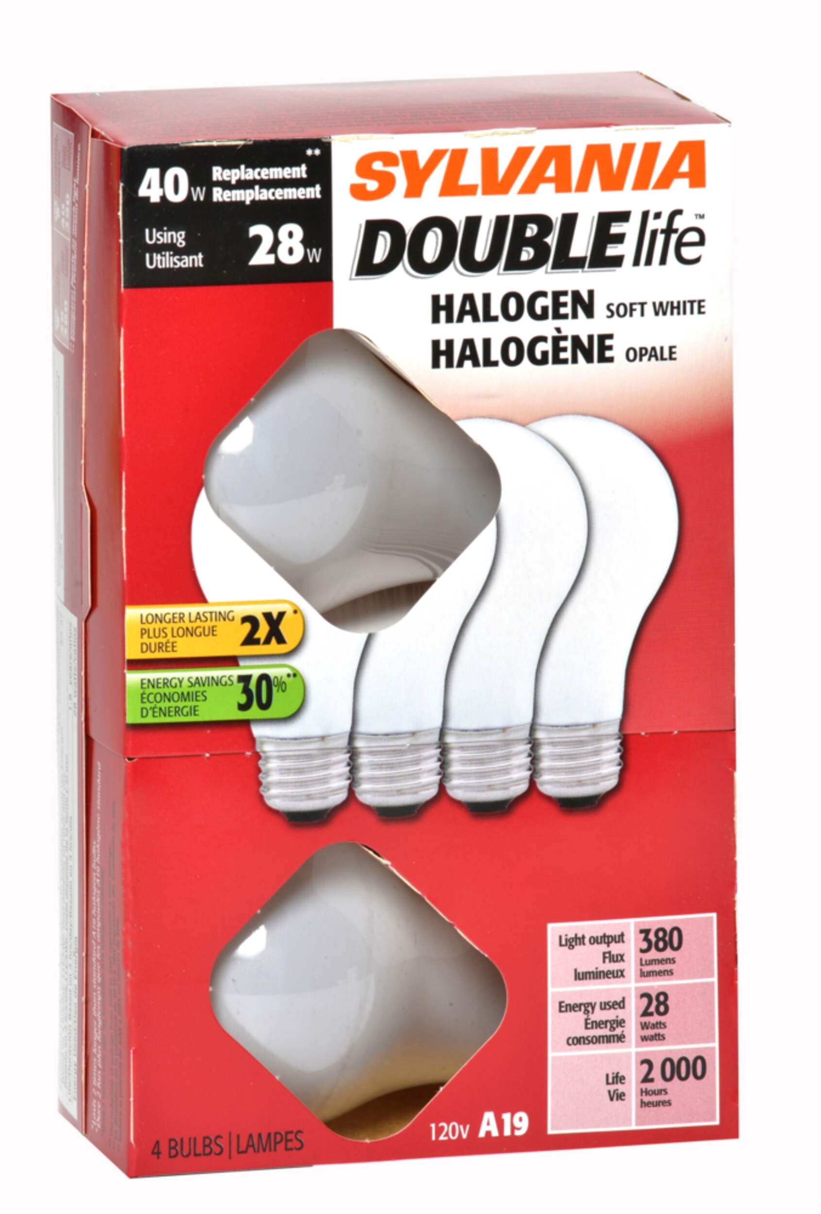 Sylvania A19 E26 Base Lamp Dimmable Halogen Light Bulbs, 340 Lumens, Soft White, 40W, 4-pk Front_Angled_Right