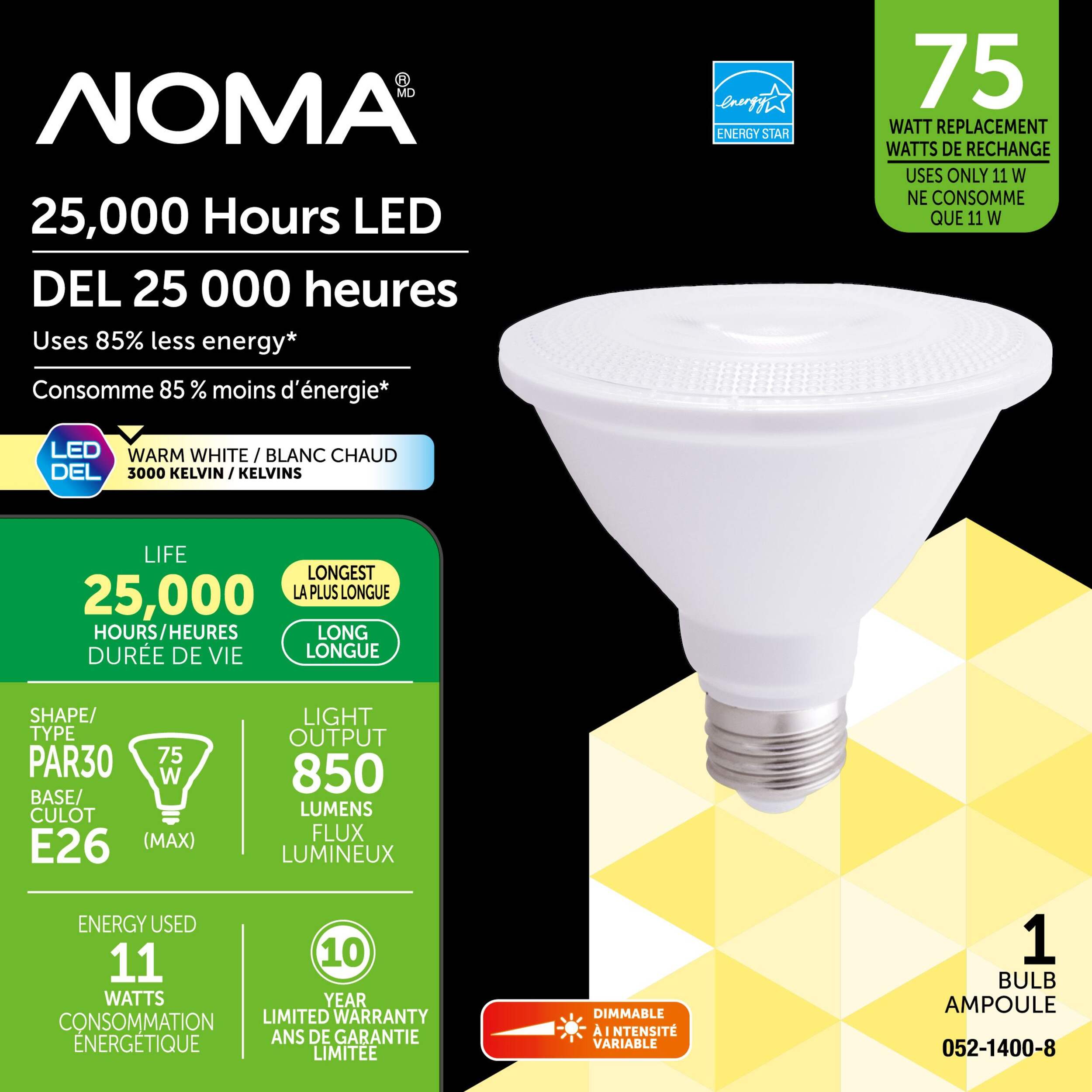 NOMA PAR30 E26 Base Short Neck Dimmable LED Light Bulb, 3000K, 850 Lumens, Warm White, 75W Front_Flat