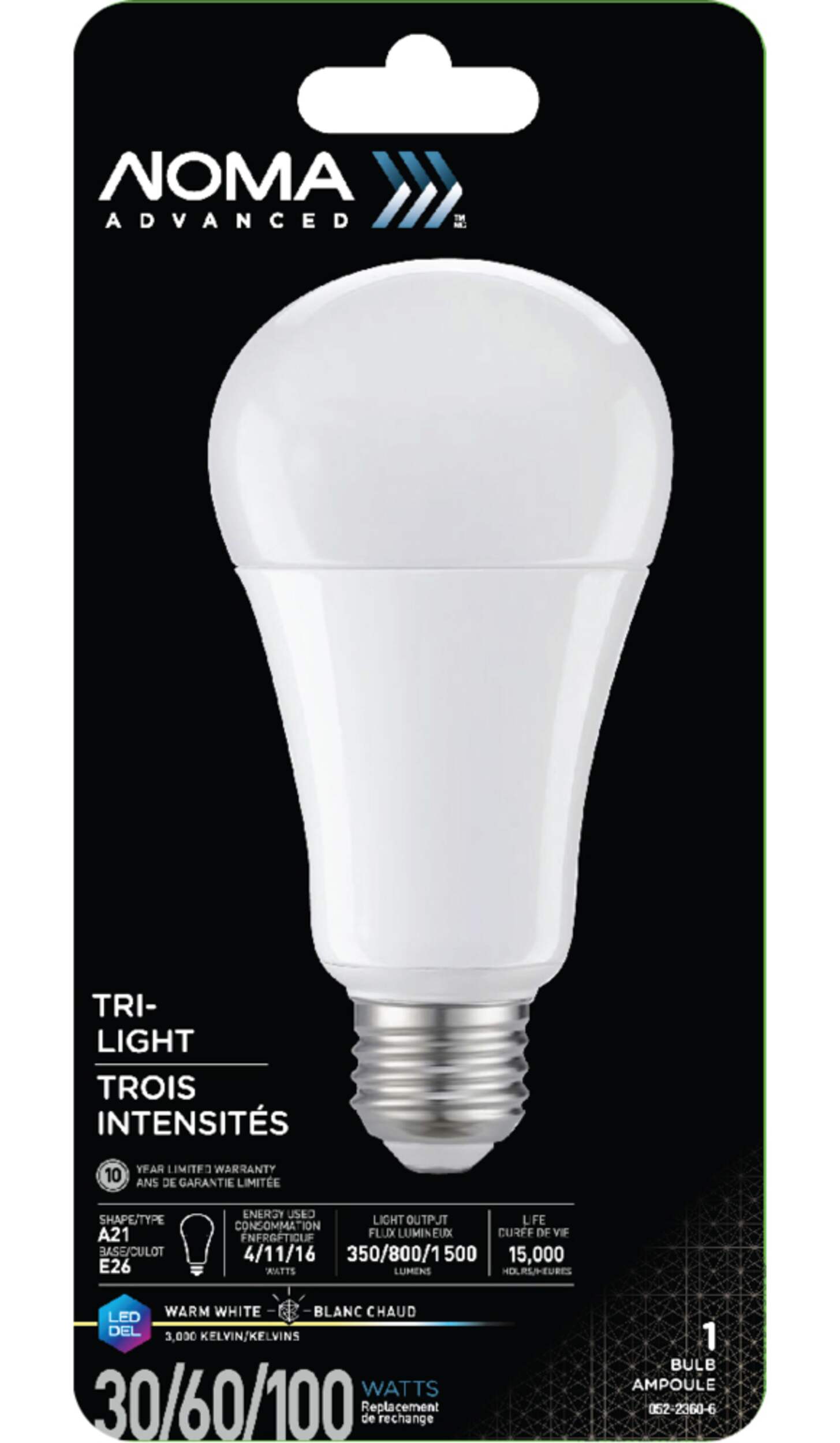 NOMA Advanced A21 E26, 3-Way Trilight Non-Dimmable LED Light Bulb, Warm White, 30/60/100W Front_Flat