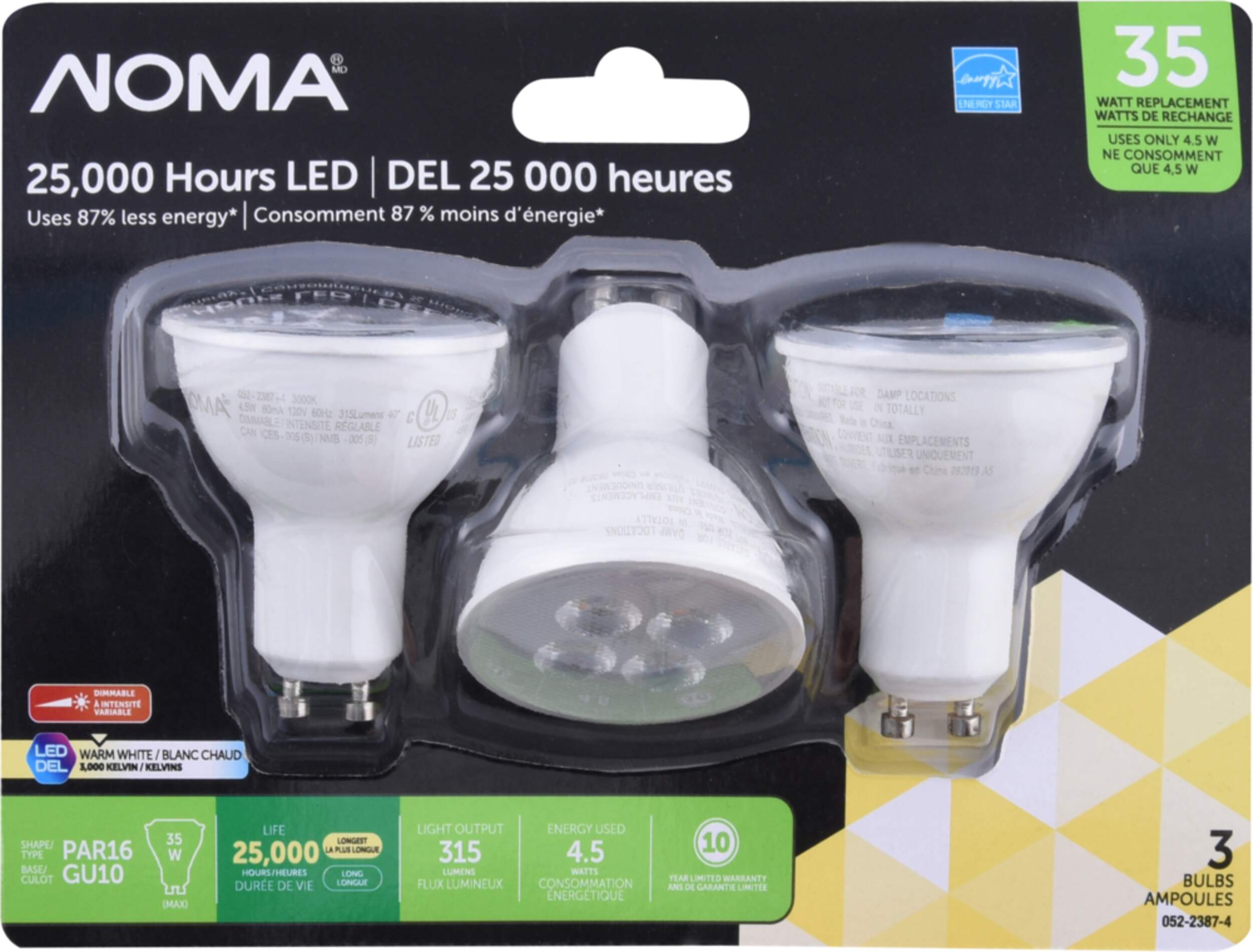 Ampoules pour projecteur à DEL à culot GU10 à intensité variable NOMA PAR16, 3000K, 315 lumens, blanc chaud, 35 W, paq. 3 Front_Flat