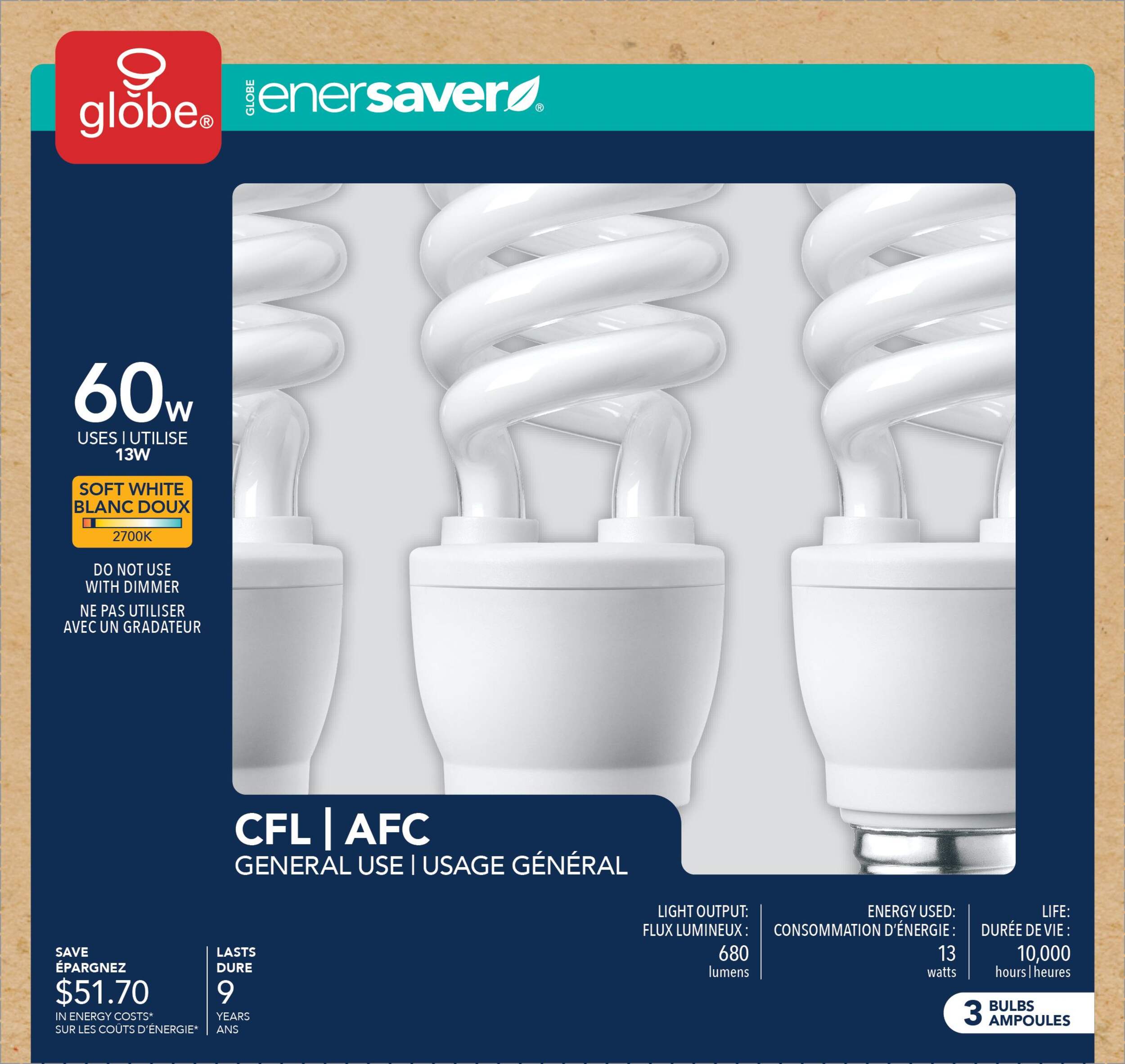 CFL Non-Dimmable Light Bulbs, Soft White, 60W, 3-pk Front_Flat