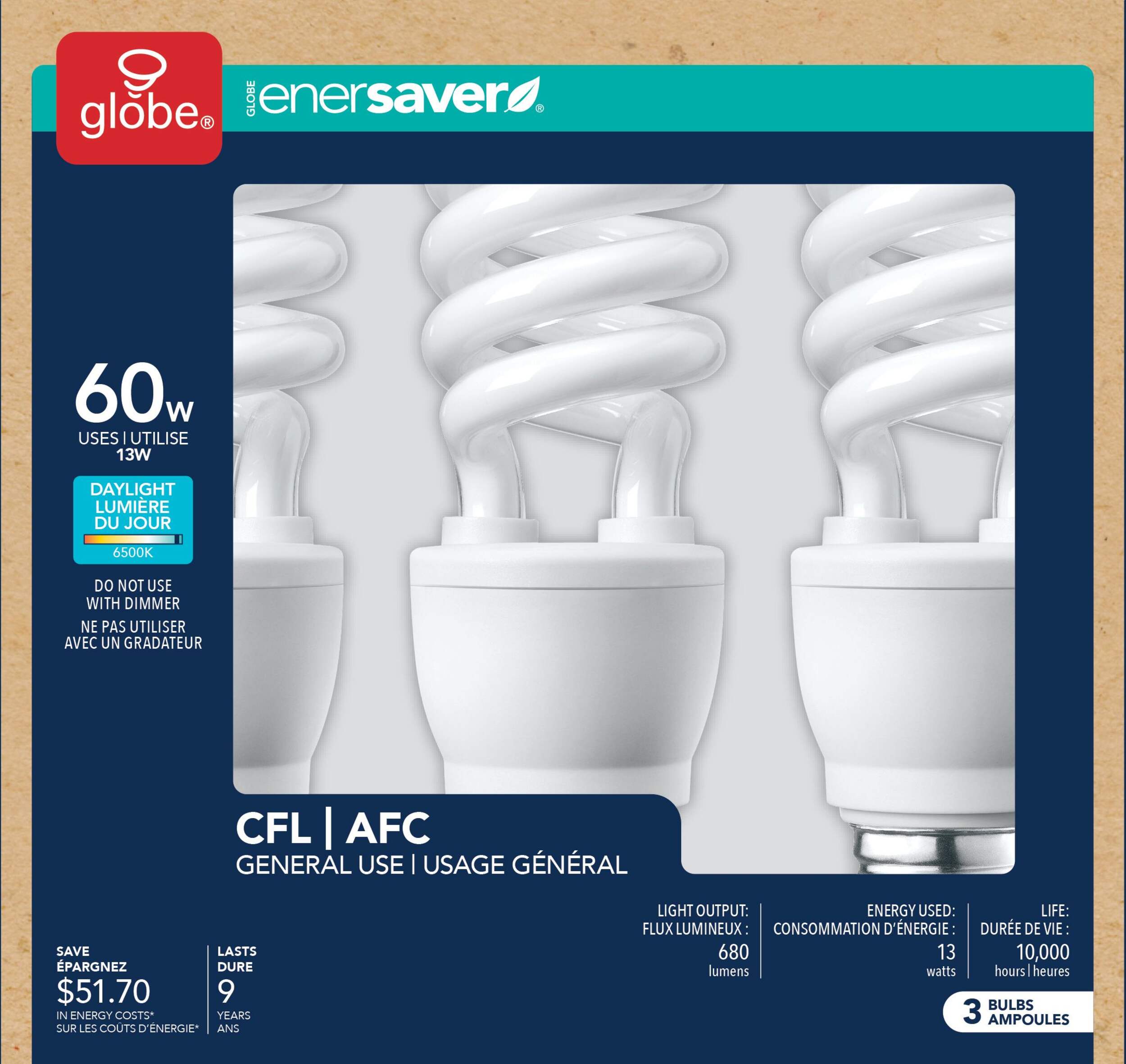 CFL Non-Dimmable Light Bulbs, 6500K, 800 Lumens, Daylight, 60W, 3-pk Front_Flat