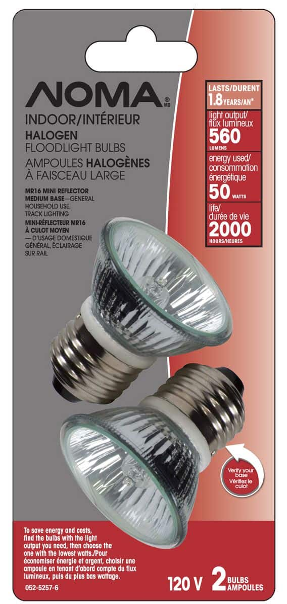 NOMA MR16 E26 Base Dimmable Halogen Flood Light Bulbs, 2700K, 560 Lumens,  Soft White, 50W, 2-pk