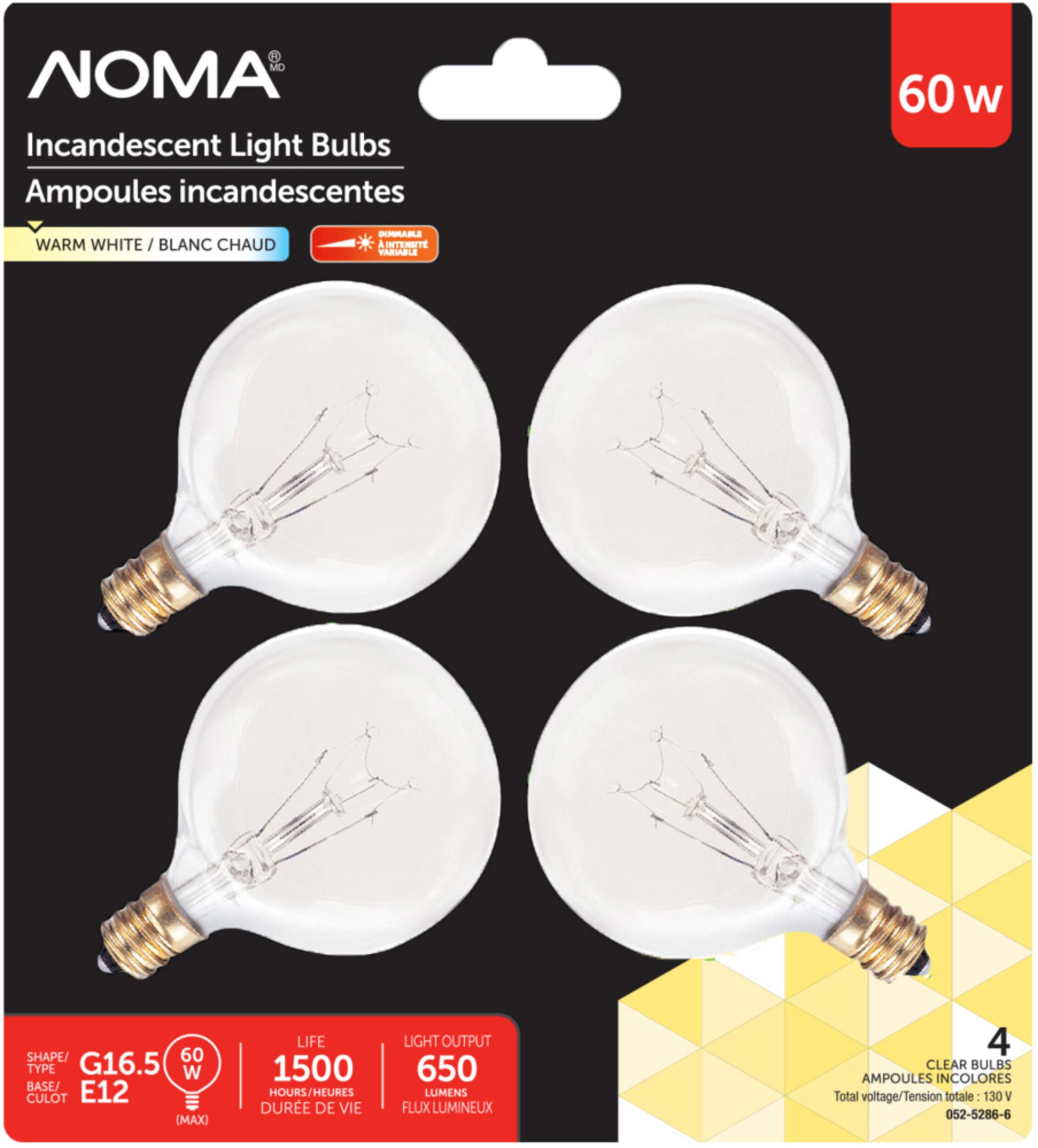 Ampoules incandescentes à intensité variable à culot E12 pour meuble-lavabo NOMA G16.5, transparent blanc chaud, 60 W, paq. 4 Front_Flat