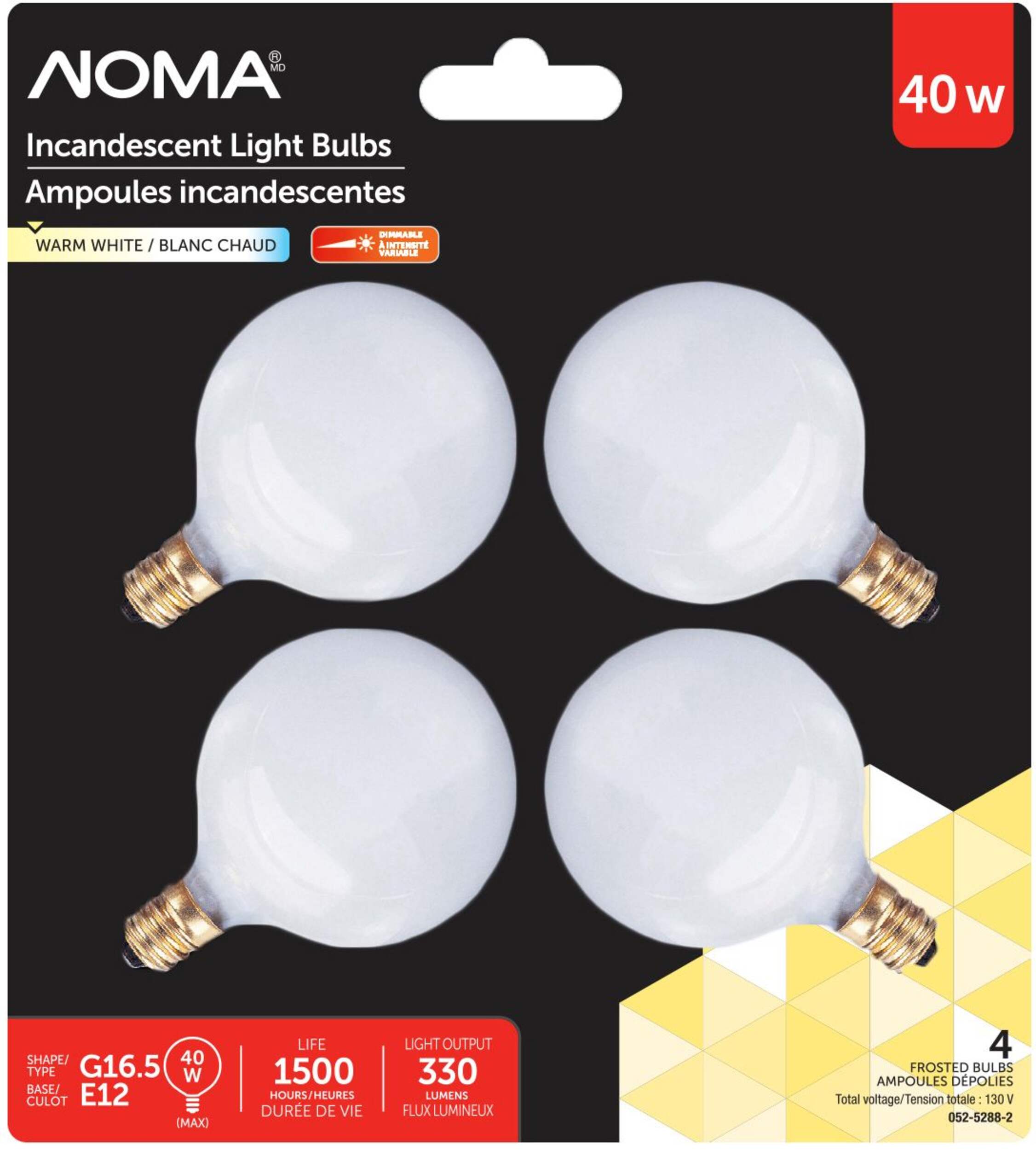 Ampoules sphériques à incandescence NOMA G16.5, 40 W, blanc, paq. 4 Front_Flat