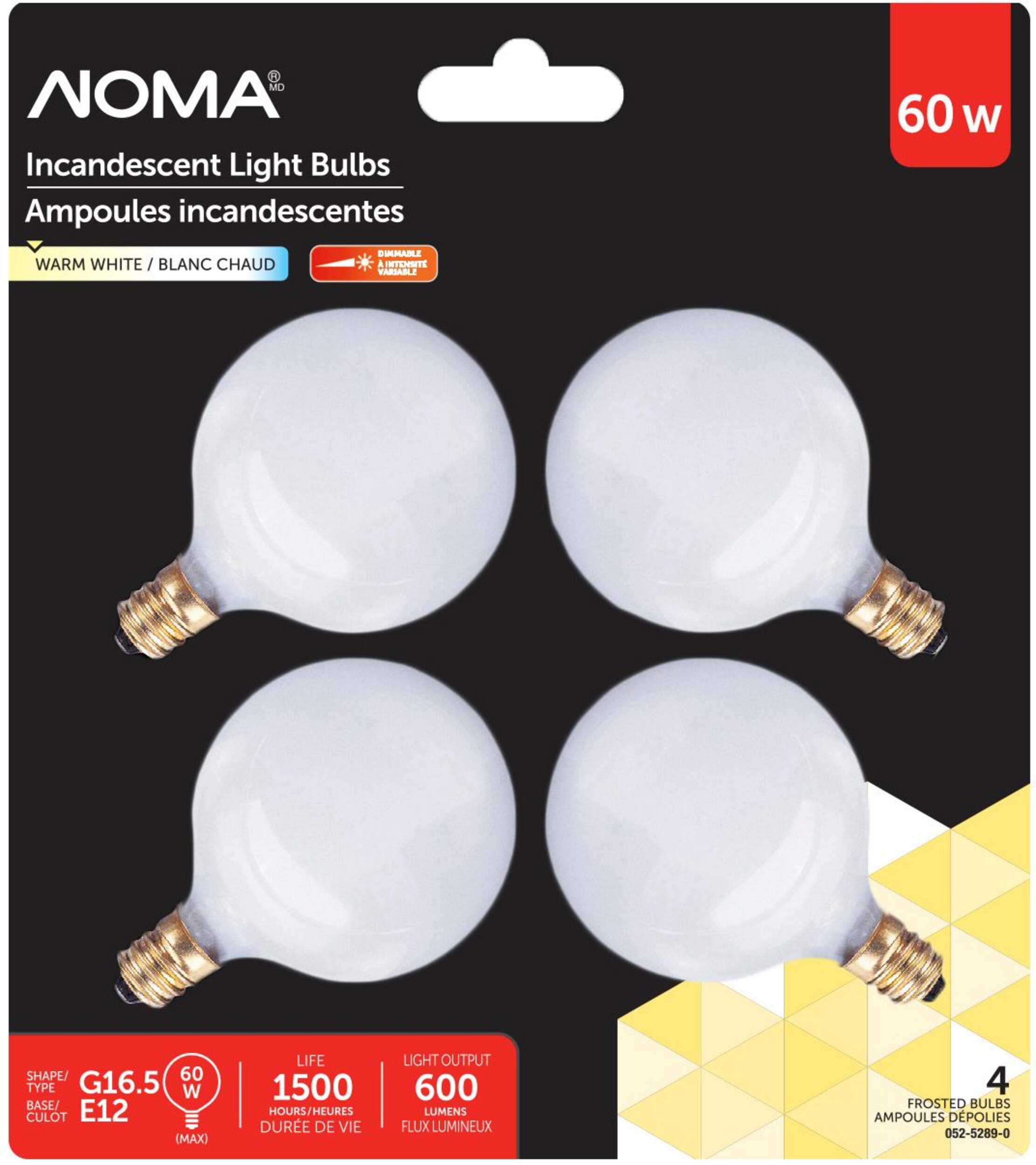 NOMA G16.5 E12 Base Vanity Dimmable Incandescent Light Bulbs, Warm White, 60W, 4-Pk Front_Flat