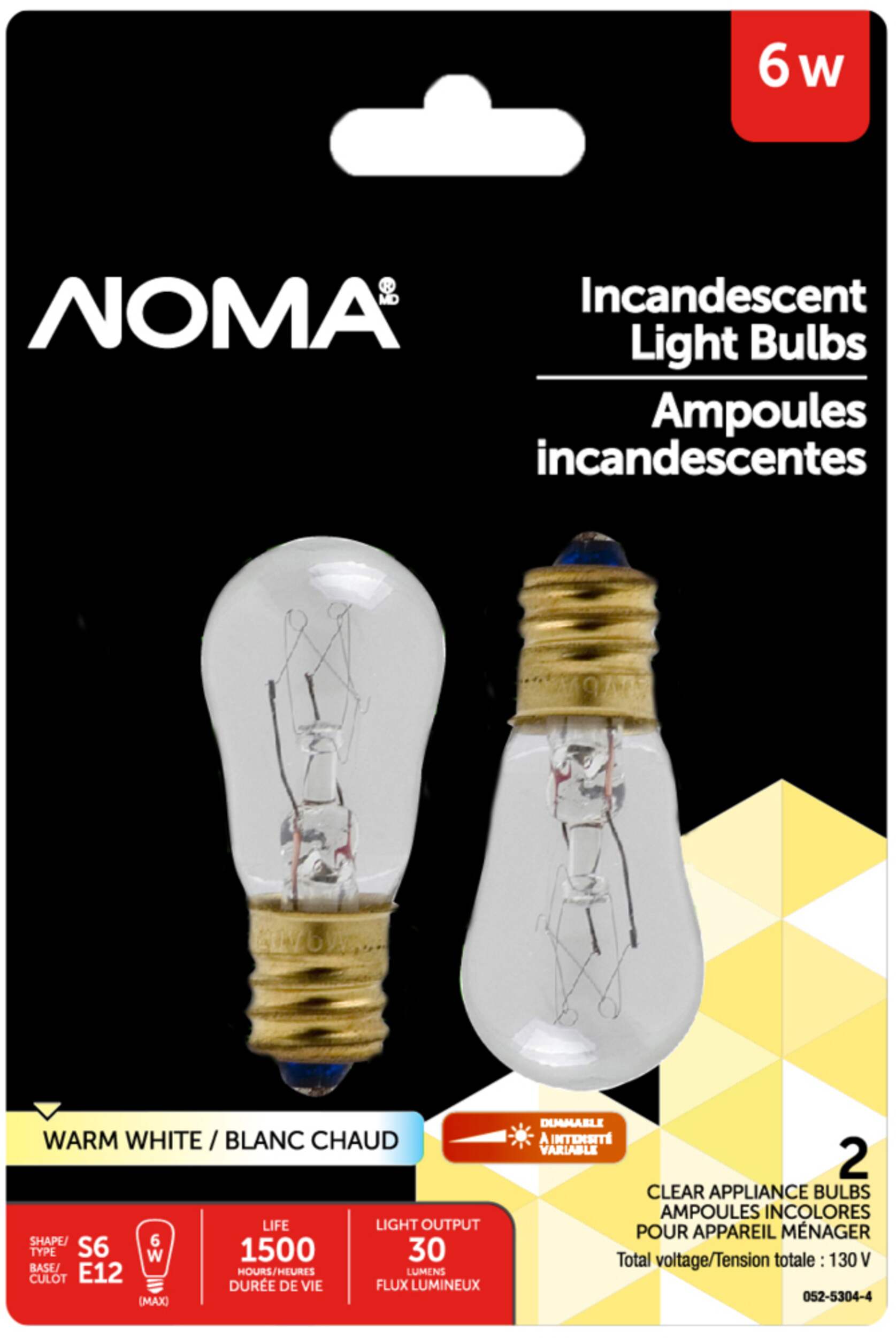 Ampoule incandescente à filament à intensité variable à culot E12 NOMA S6, 30 lumens, blanc chaud, 6 W Front_Flat