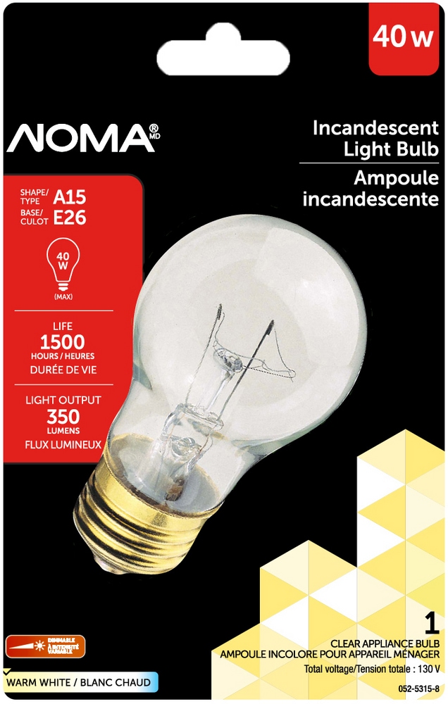 NOMA A15 E26 Base Oven Clear Incandescent Light Bulb, 350 Lumens, Warm White, 40W Canadian Tire