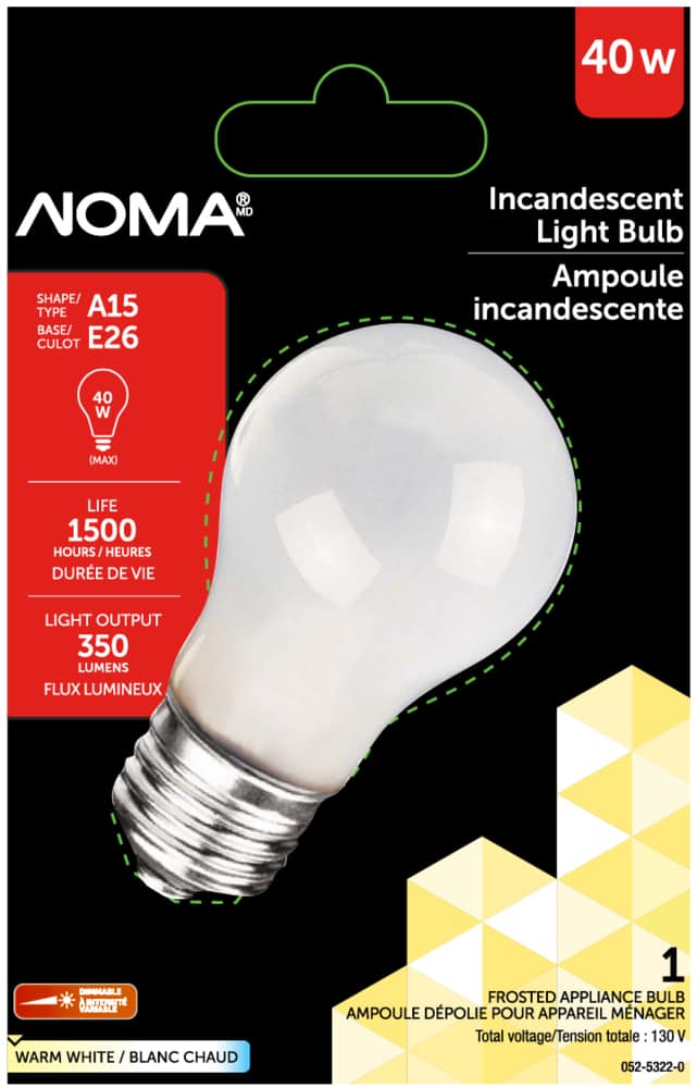 NOMA A15 E26 Base Oven Frosted Incandescent Light Bulb, 350 Lumens, Warm  White, 40W