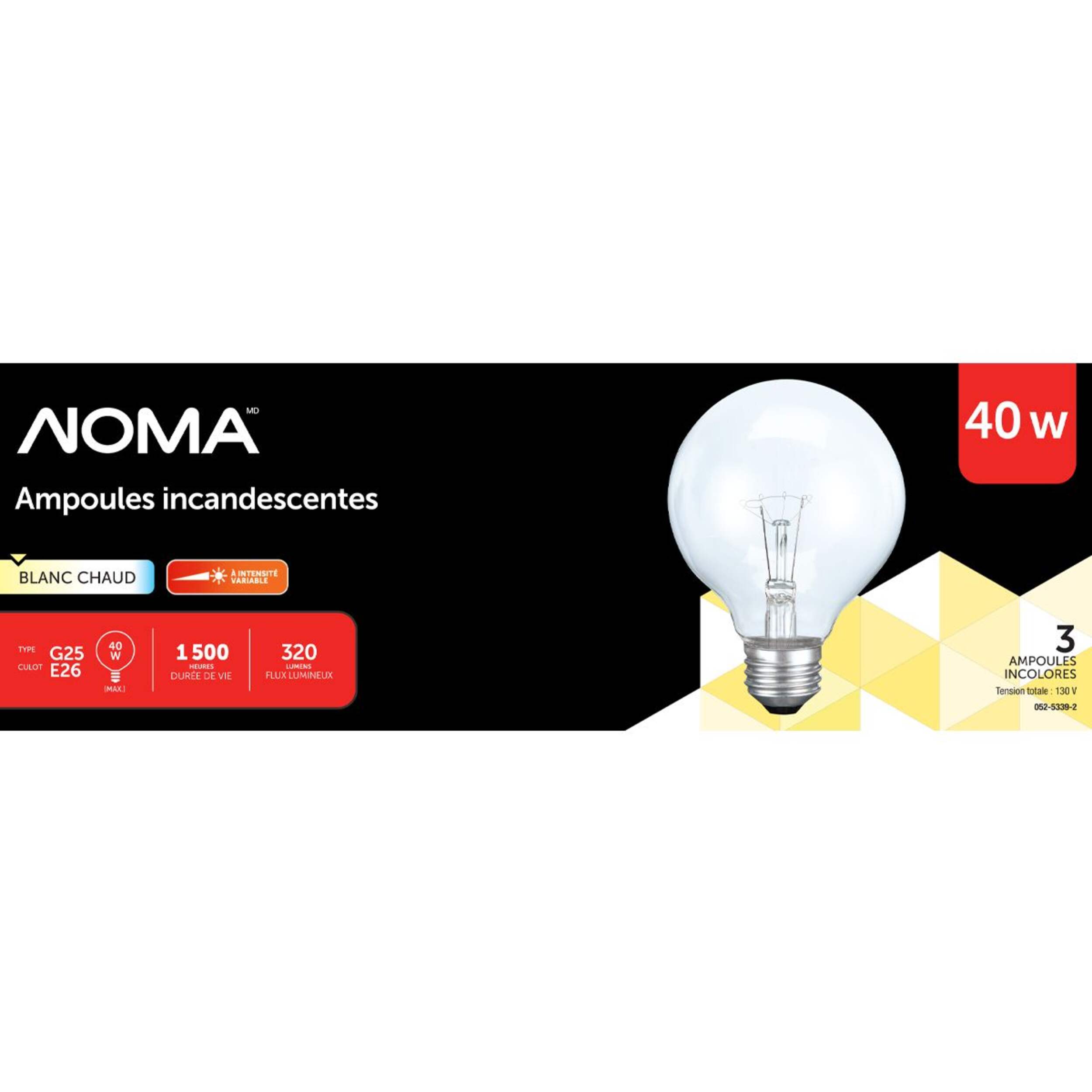 Ampoules incandescentes à culot E26 pour meuble-lavabo NOMA G25, 340 lumens, 40 W, paq. 3 Front_Flat