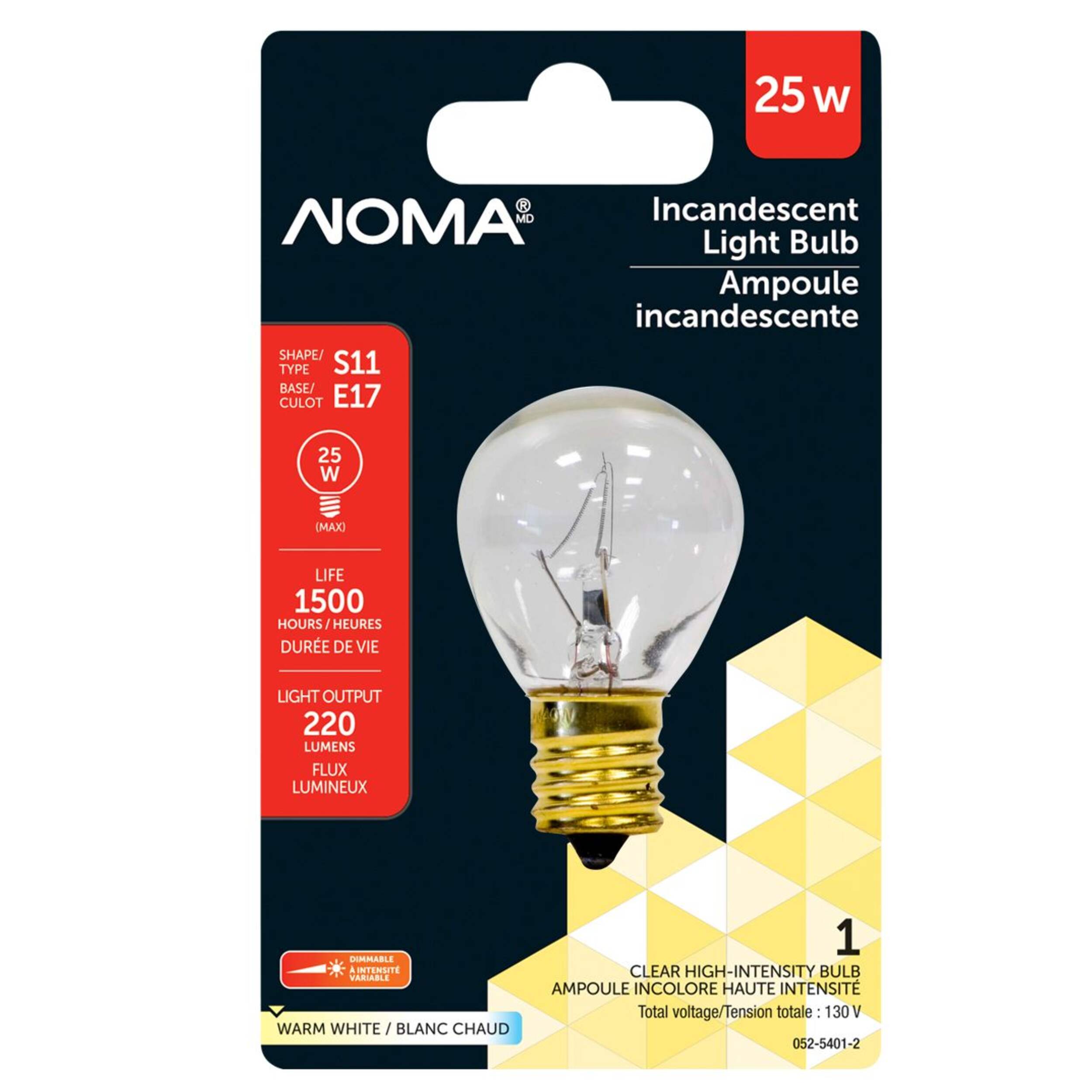 Ampoule incandescente haute intensité à intensité variable à culot E17 NOMA S11, 220 lumens, blanc chaud, 25 W Front_Flat